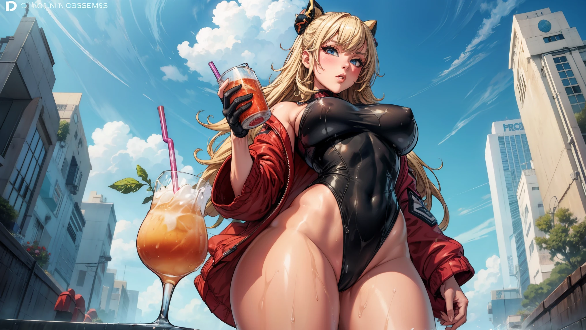 anime girl in a wetsuit holding a drink and posing, extremely detailed artgerm, cutesexyrobutts, with a drink, seductive anime girl, thicc, a human-like juicy peach, blonde goddess, trending on cgstation, :: rossdraws, wet swimsuit, swimsuit, ig model | artgerm, anime girl drinks energy drink
