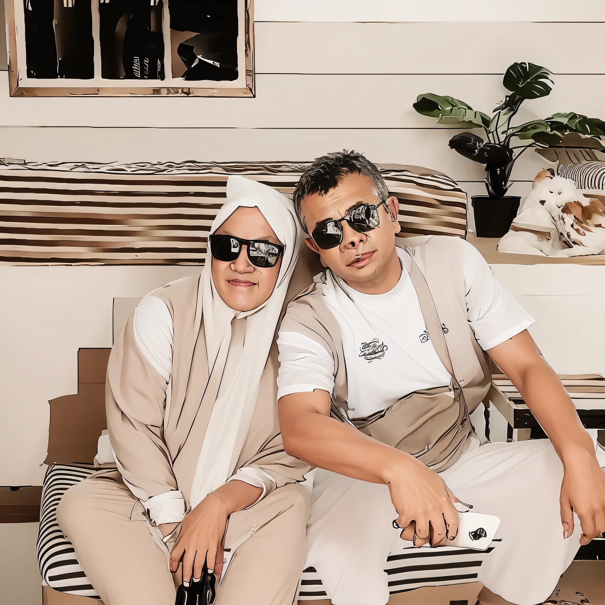 they are sitting on the sofa with a blanket on top, mom and dad, with sunglasses, and white t-shirts couple, beautiful couple, happy couple, with their long facebook posts, couple, holiday photos