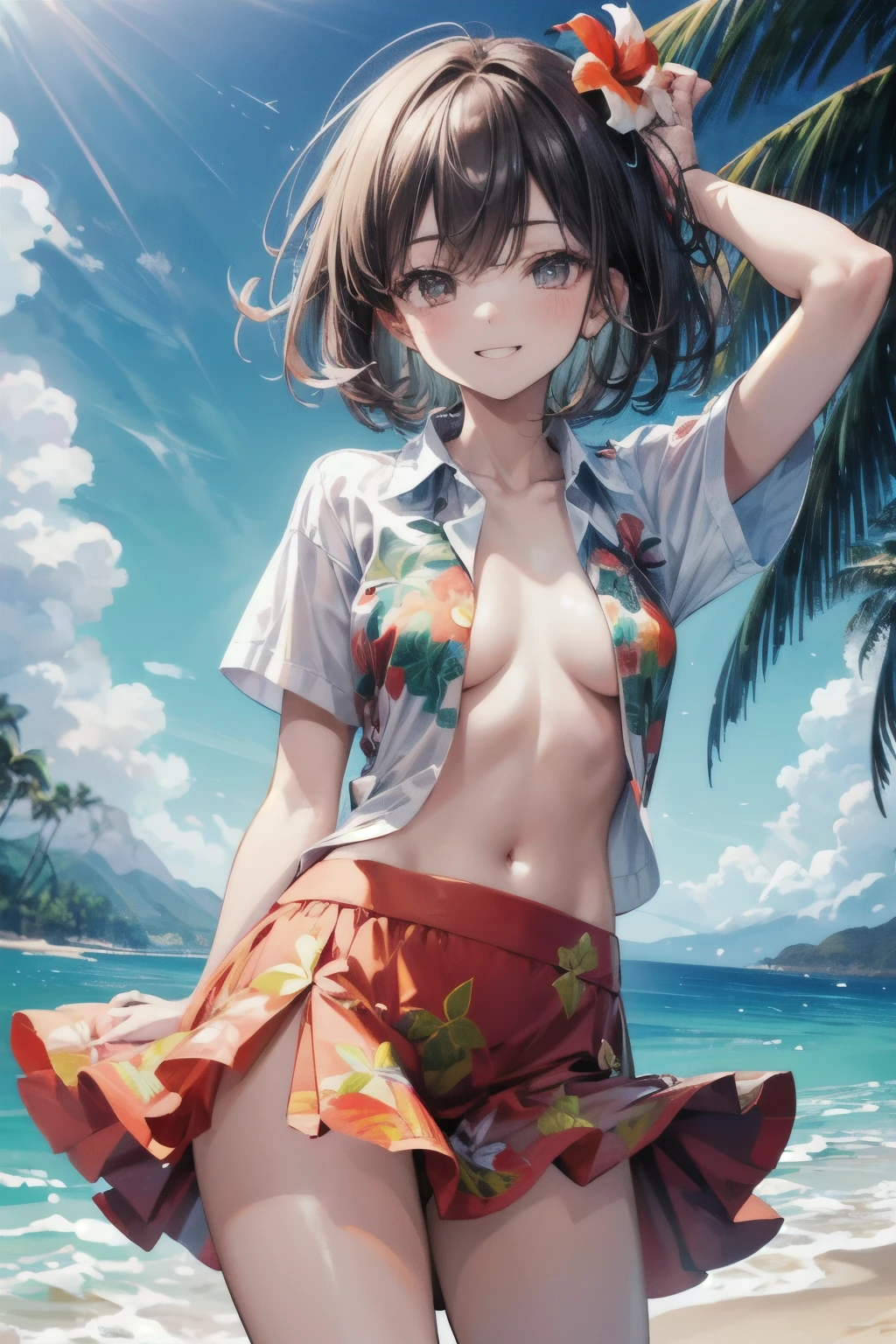 ((Masterpiece)), ((best quality)), (High Definition:1.3), (Professional Photography:1.2), (short sleeve hawaiian shirt, aloha shirt:1.3), (open shirt:1.4), (happy smile:1.3), Ruffled miniskirt, pale thighs, (beautiful teenage girl), pale brown hair, (medium hair), beach, blue sky and sea, one eye closed, (small waist), 8k, official art, raw photo, incredibly absurdres, facelight, dynamic lighting, cinematic lighting, (no bra), ultra realistic, highres, film grain, chromatic aberration, sharp focus, highest detailed, (palm tree), extremely detailed eyes and face, (Hair that flutters in the wind),