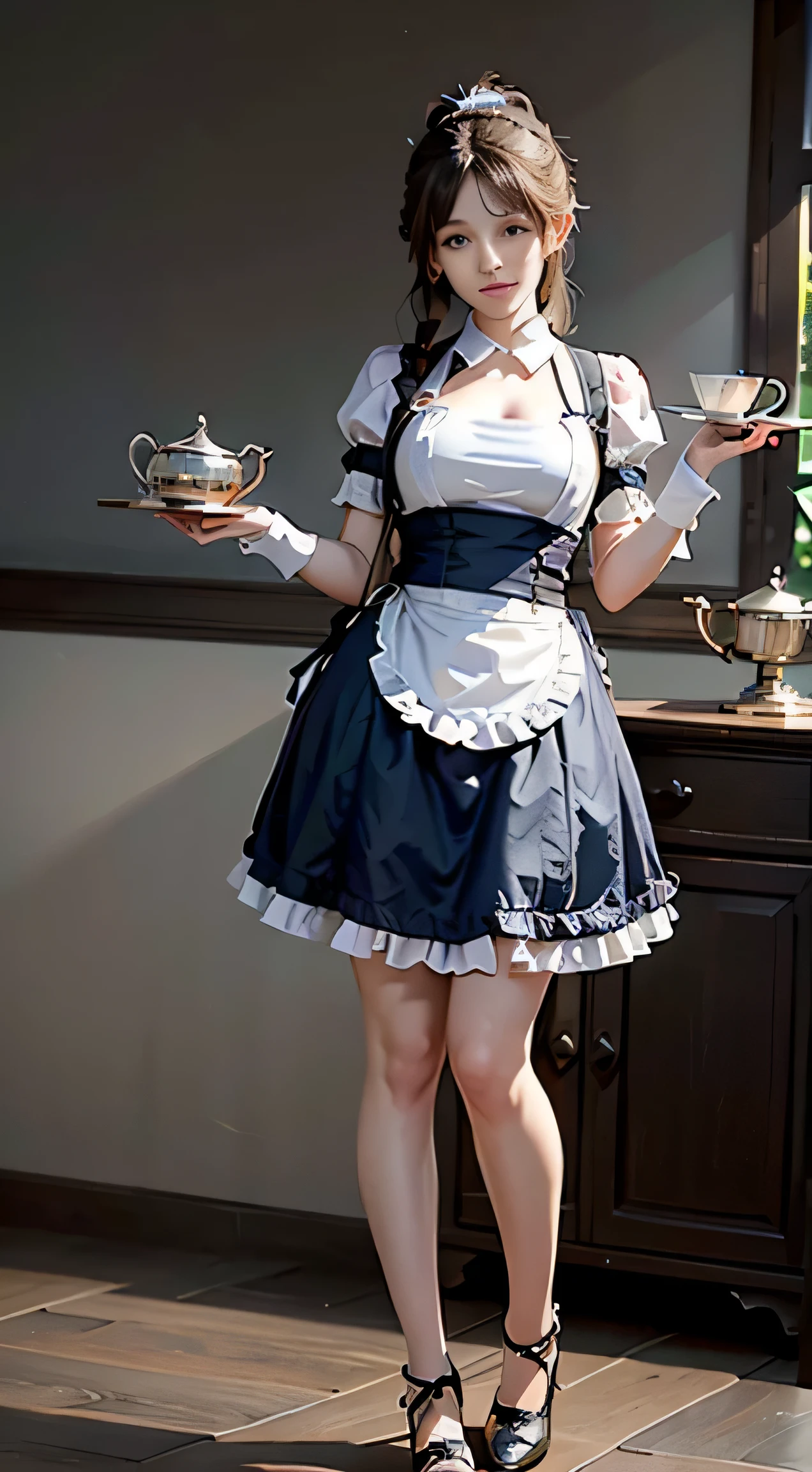 Ultra-high quality photos,8K resolution, Correct human proportions, Correct body structure, masterpiece, ultra high definition, (realistically: 1.4), Realistic style, original photo, 1 girl, british maid, Ruffled Maid Katyusha, ponytail, braids hair, ruffled translucent shirt, ribbon tie, apron, mini skirt, puff sleeves, white, glowing skin, victorian era, no gray background, standing in the kitchen，Hold a tray in your hand，There&#39;s a silver kettle on it, porcelain tea cup, whole body image, Split, Black suspenders, black shoes, a cat at her feet, Altitude photos