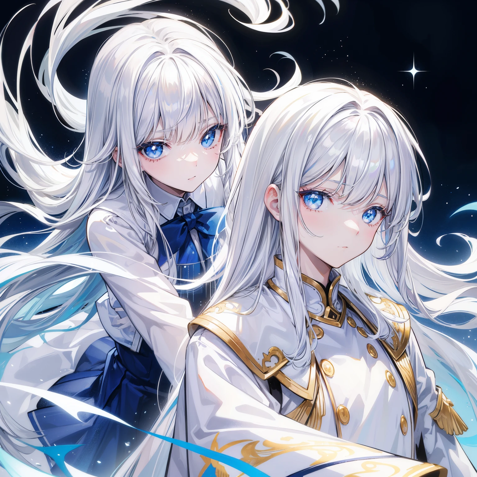 mulher de anime, cabelos brancos com pontas azuis, vestes azuis com branco, estilo atack on titan, hentai