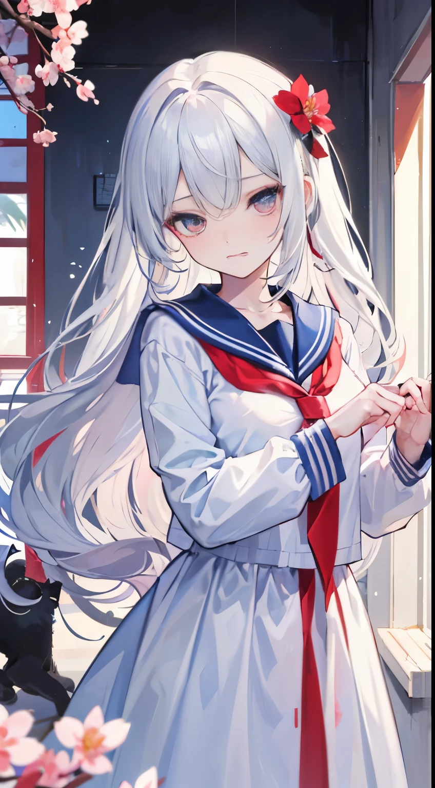 (((masterpiece))) ((8k)) silver-white long hair，Slightly curled hair curtain in the middle，red color eyes，Brush your hair with your hands，D Cup Girl，Cat hair card，Blue and white sailor uniform，A sad expression，largeeyes，sakura flowers falling, 