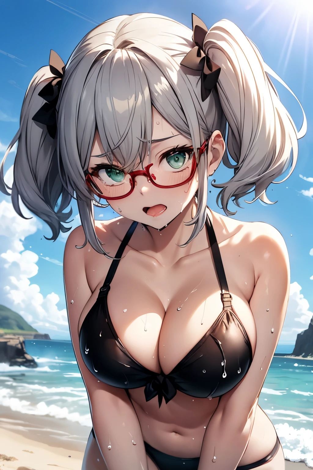 ((highest quality)), ((masterpiece)), (be familiar with), perfect face、((twin tails))、(big breasts)、silver hair、bikini swimwear、Part of the bangs is green、mature woman、long hair tied up、show one's side、green eyes、hair with volume、red rimmed glasses、coastal、sunny、((wet with sweat))、view from below、looking down、(open your mouth wide)、peace sign、underoaking wet、glowing skin、put your arm between your chest、rub the breasts、