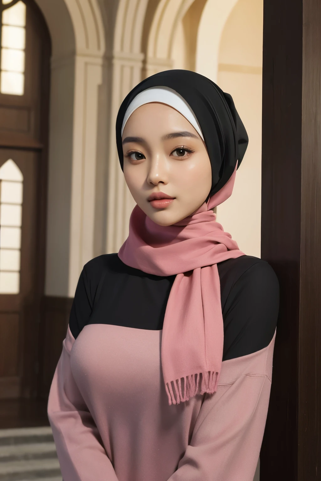 (masterpiece),(very detailed),a half body of a asian woman wearing a hijab and a black and pink shirt, beautiful aesthetic face, her skin is light brown, mosque background, girl cute-fine-face, attractive female face!!!, with accurate face, attractive beautiful face, beautiful delicate face, very pretty face, with cute - fine - face, hijab, attractive girl, cute - fine - face, cute-fine-face