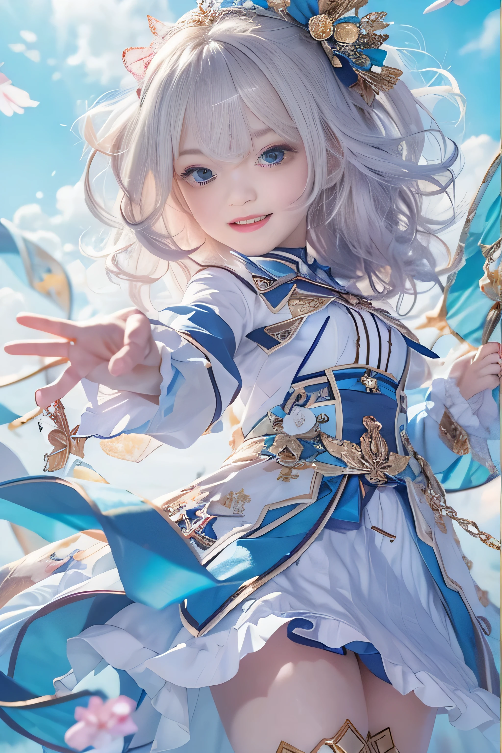 (RAW image quality:1.4), 1 girl, 13 years old, Japanese, A woman wearing a blue and white lolita costume、floating in the sky with magical power, Reflecting the strength of her determination，Because she embodies the power of the forces of nature in battle.official art, 8k wallpaper, Super detailed, beautiful and aesthetic, beautiful, masterpiece, highest quality，(Pay attention to the thighs)，pretty face，naughty smile, eye details，small bust、(Wind，waving pale straight hair，floating skirt)，(wonderful bright blue sky:1.4),