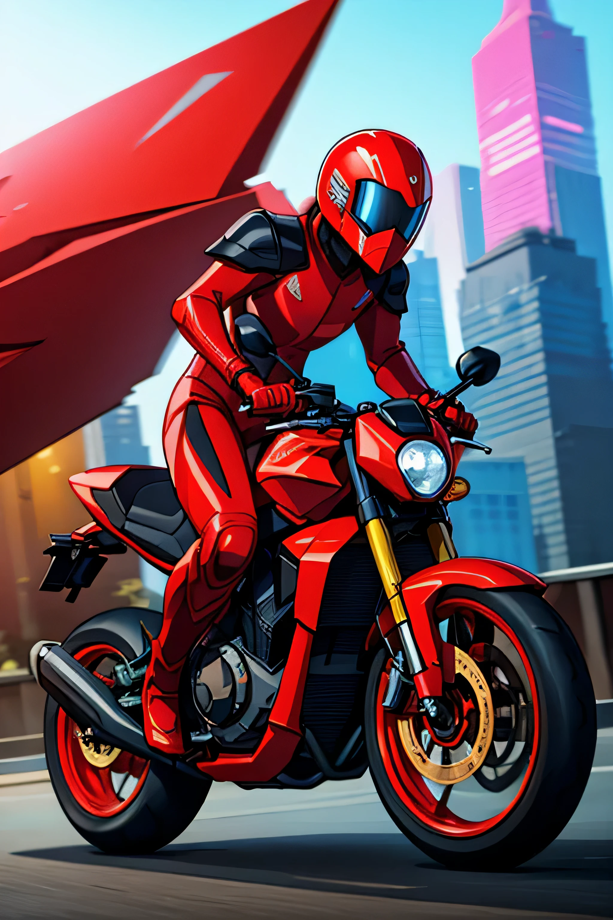 Depict Mach One, teenage superhero in sleek armored red bodysuit with yellow accents, angular motorcycle-styled helmet, riding advanced glowing crimson and pink bike called Tachyon at blinding speed through crumbling cityscape.