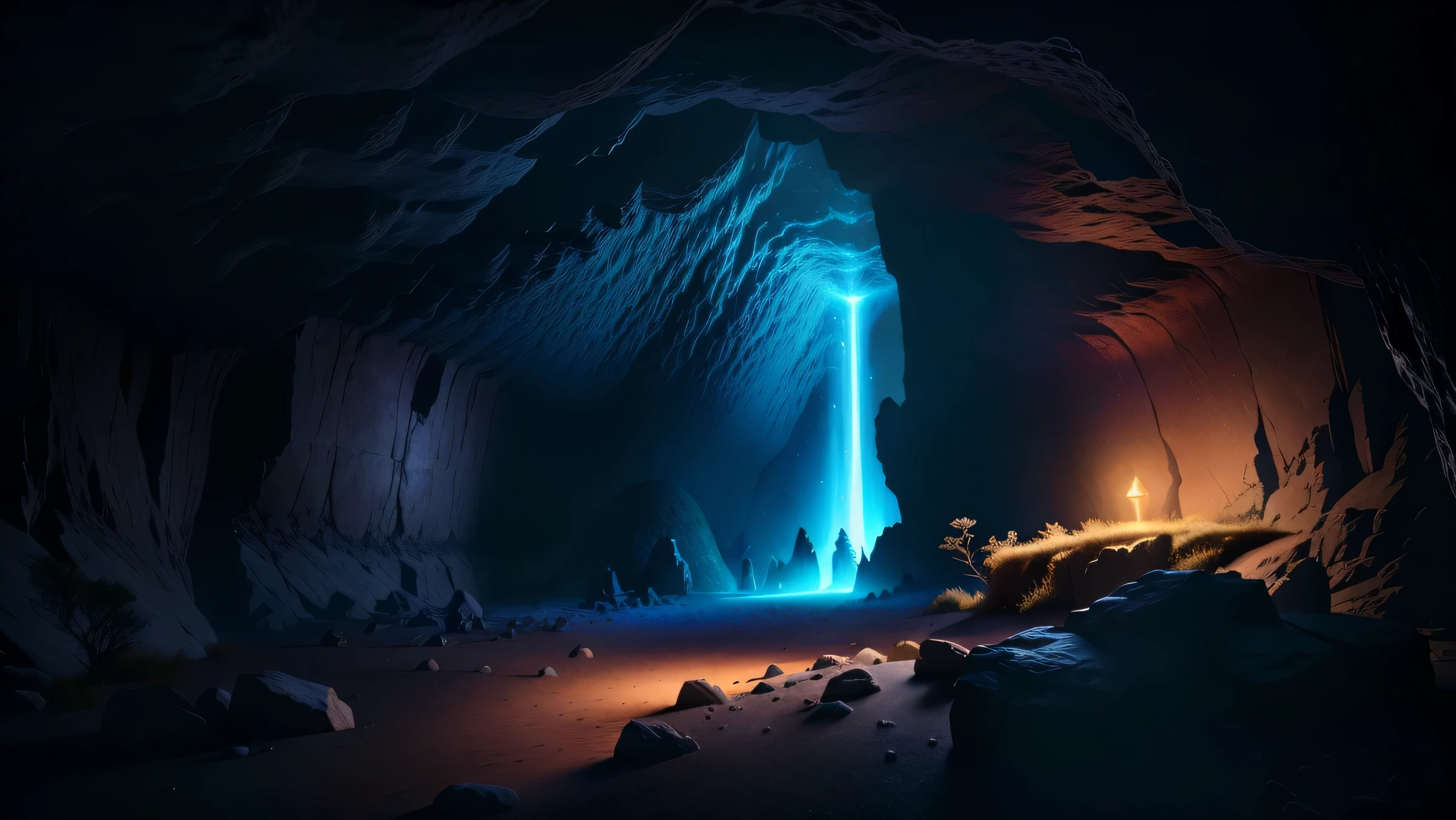 Leaves'It's a light that shines in a cave, Magic Cave, bela cena da caverna da fantasia, cave lighting, bip and mike winkelmann, bip. Octane rendering, artem demura bip, uma caverna estranha, Caverna de cristal brilhante, cave exploration, por beeple, 3 d render bip, ambient cave lighting