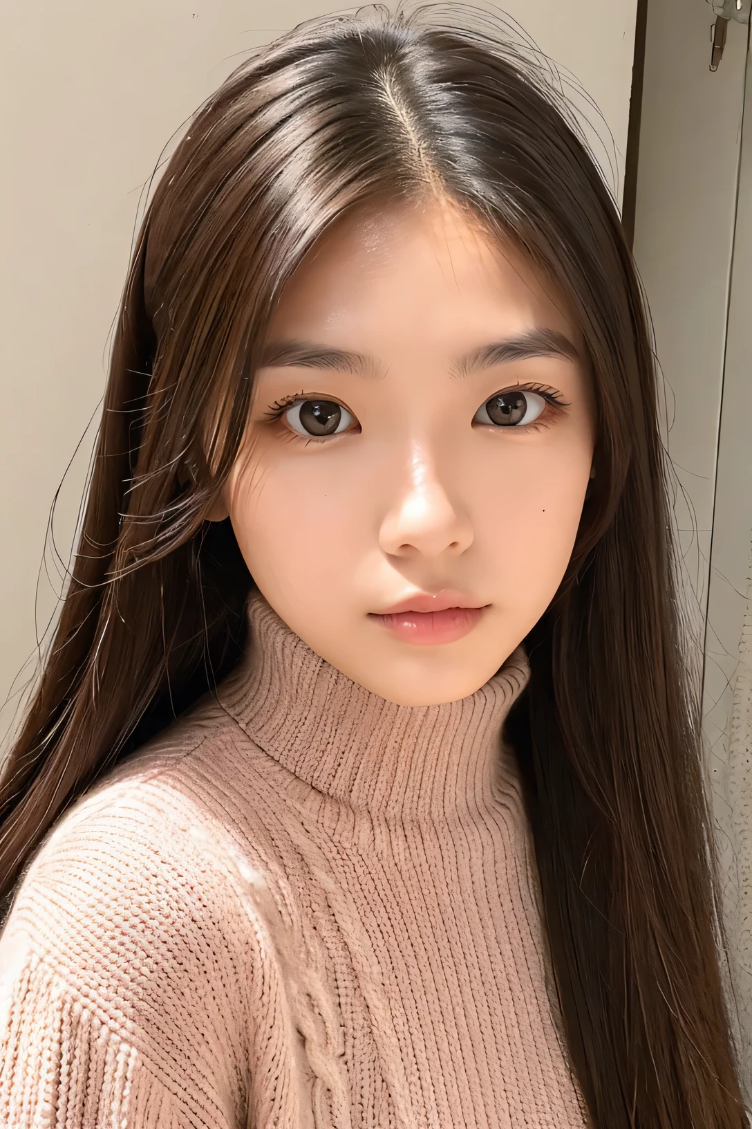 woman, super detailed face, droopy eyes, double eyelid, long hair、No bangs、clear eyes、knit sweater、Glossy skin, small head、whole body