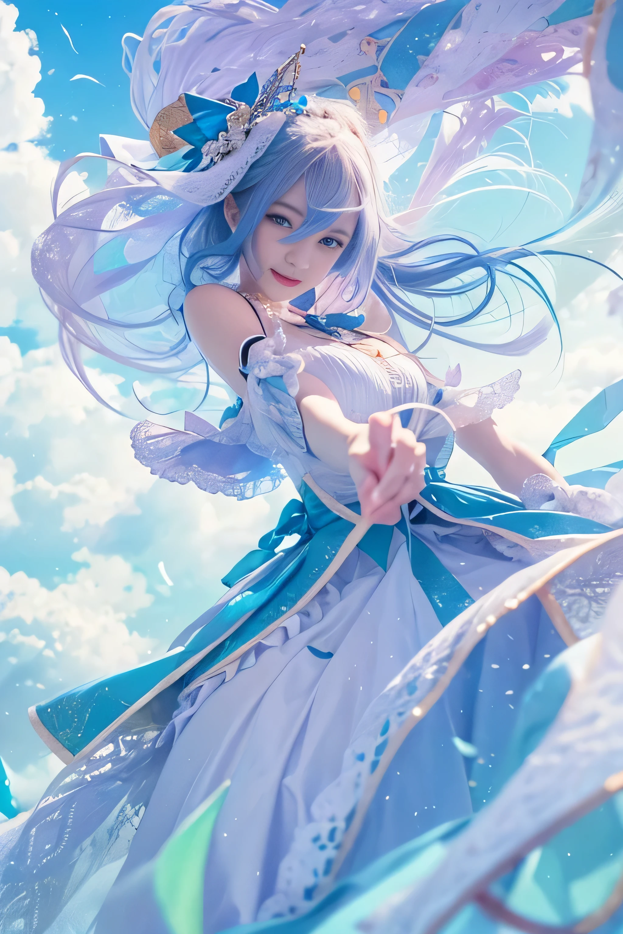 (RAW image quality:1.4), 1 girl, 13 years old, Japanese, A woman wearing a blue and white lolita costume、floating in the sky with magical power, Reflecting the strength of her determination,Because she embodies the power of the forces of nature in battle.official art, 8k wallpaper, Super detailed, beautiful and aesthetic, beautiful, masterpiece, highest quality,(Pay attention to the thighs),pretty face,naughty smile, eye details,small bust、delicate body shape、(Wind,outstanding pale straight hair,floating skirt),(wonderful bright blue sky:1.4), biologically correct,