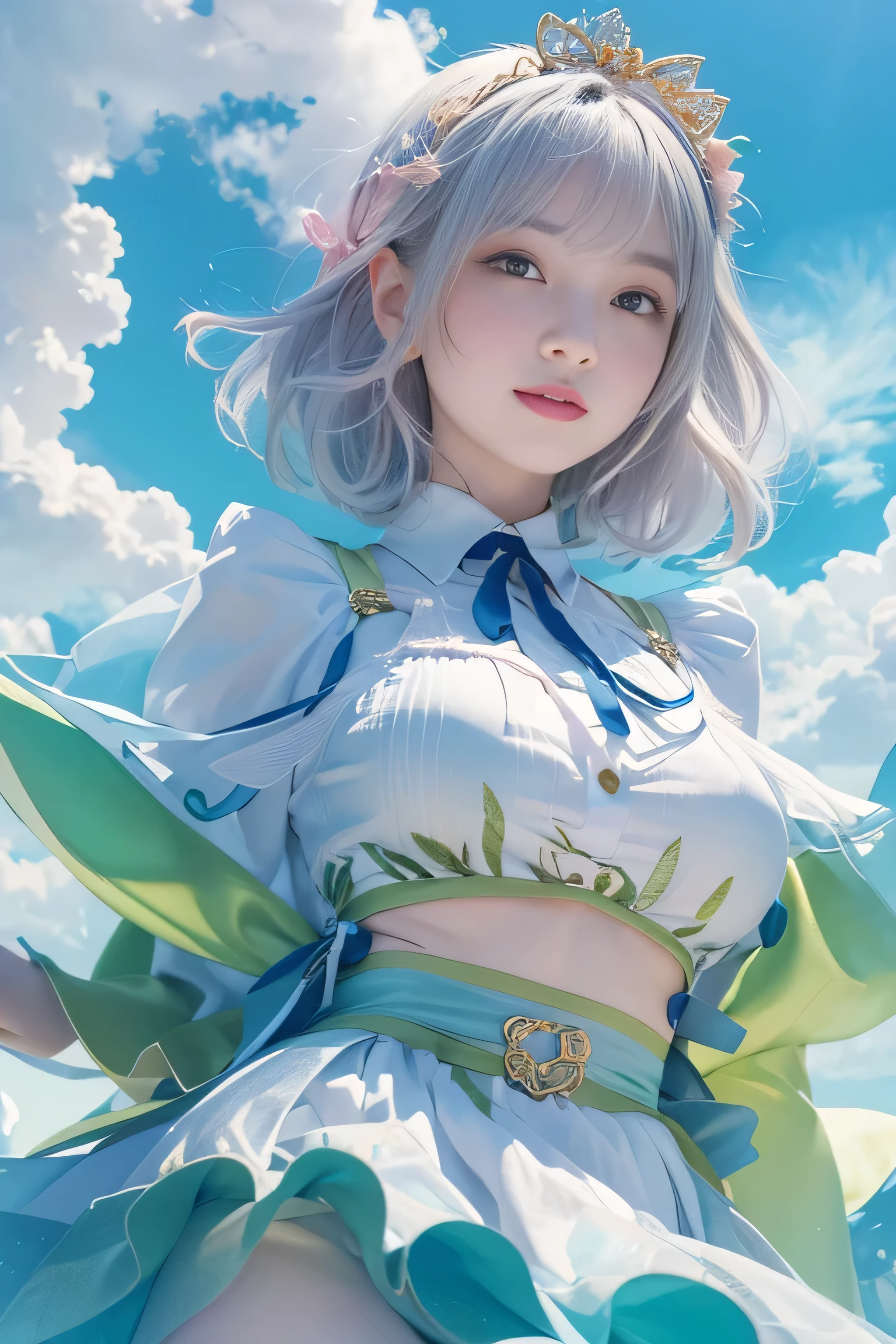 (RAW image quality:1.4), 1 girl, , Japanese, A woman wearing a blue and white lolita costuloating in the sky with magical power, Reflecting the strength of her determination,Because she embodies the power of the forces of nature in battle.official art, 8k wallpaper, Super detailed, beautiful and aesthetic, beautiful, masterpiece, highest quality,(Pay attention to the thighs),pretty face,naughty smile, eye details,small bust、delicate body shape、(Wind,outstanding pale straight hair,floating skirt),(wonderful bright blue sky:1.4), biologically correct,