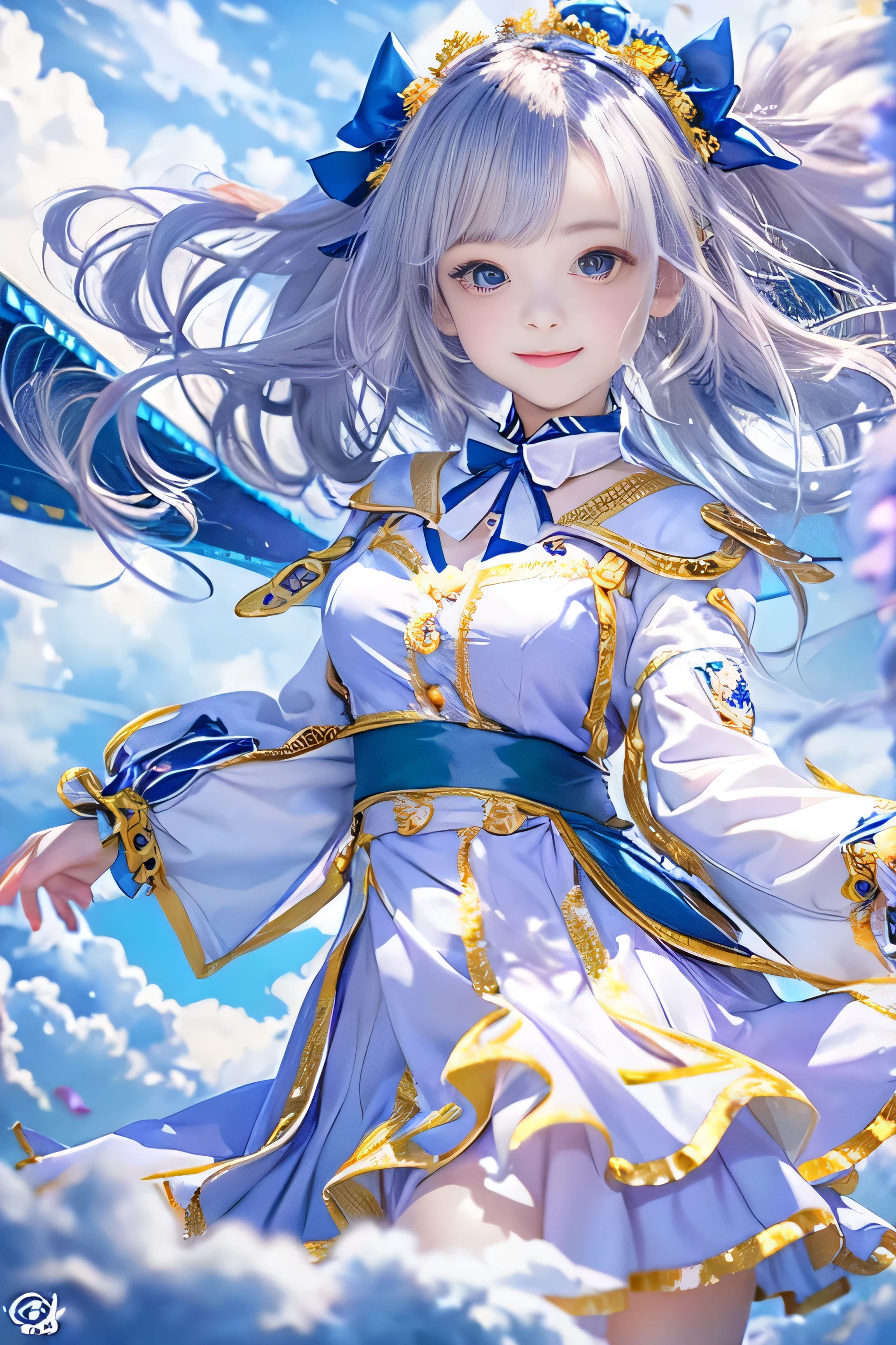 (RAW image quality:1.4), 1 girl, , Japanese, A woman wearing a blue and white lolita costume、floating in the sky with magical power, Reflecting the strength of her determination,Because she embodies the power of the forces of nature in battle.official art, 8k wallpaper, Super detailed, beautiful and aesthetic, beautiful, masterpiece, highest quality,(Pay attention to the thighs),pretty face,naughty smile, eye details,small bust、delicate body shape、(Wind,outstanding pale straight hair,floating skirt),(wonderful bright blue sky:1.4), biologically correct,
