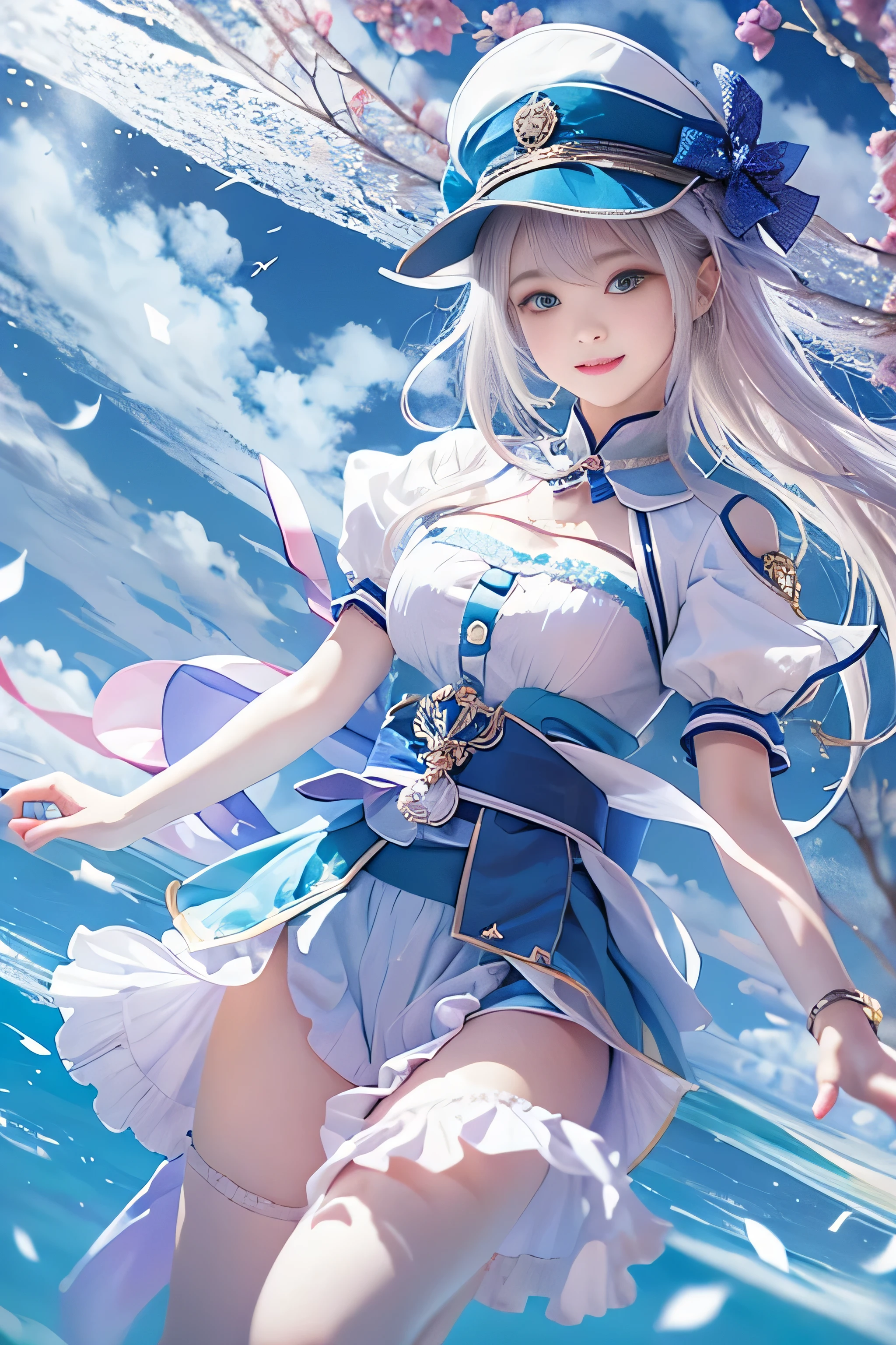 (RAW image quality:1.4), 1 girl, , Japanese, A woman wearing a blue and white lolita costume、floating in the sky with magical power, Reflecting the strength of her determination,Because she embodies the power of the forces of nature in battle.official art, 8k wallpaper, Super detailed, beautiful and aesthetic, beautiful, masterpiece, highest quality,(Pay attention to the thighs),pretty face,naughty smile, eye details,small bust、delicate body shape、(Wind,outstanding pale straight hair,floating skirt),white panties, (wonderful bright blue sky:1.4), biologically correct, full body photo,