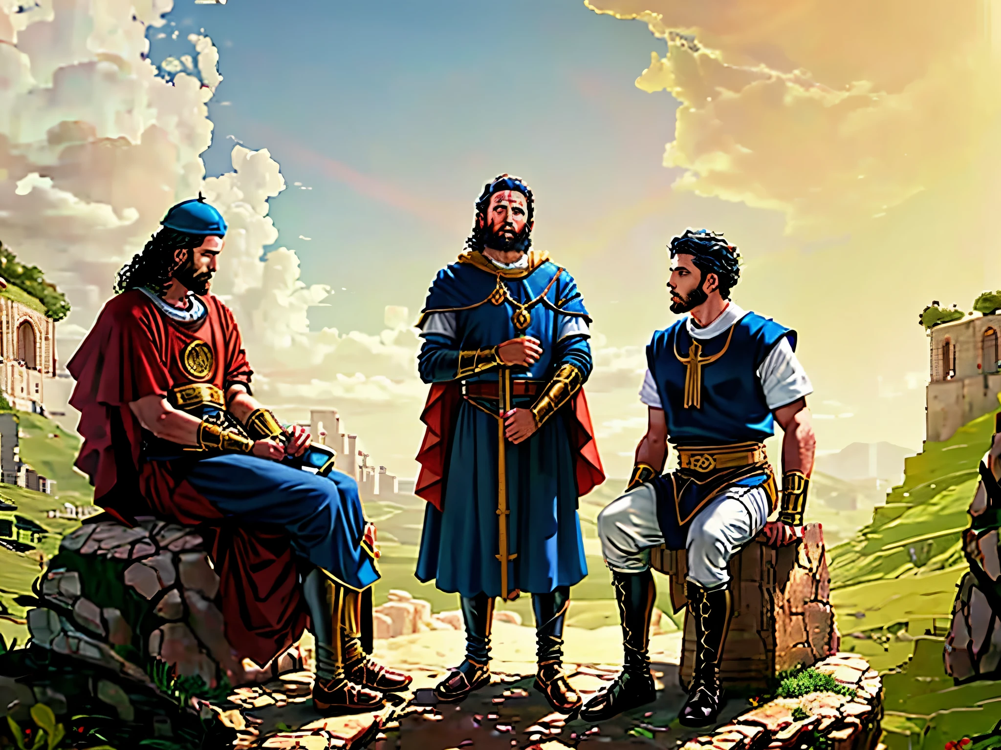 um grupo de homens rezando. Two men are sitting. Four men are standing. Um grupo de judeus. biblical costumes. biblical style. biblical setting.