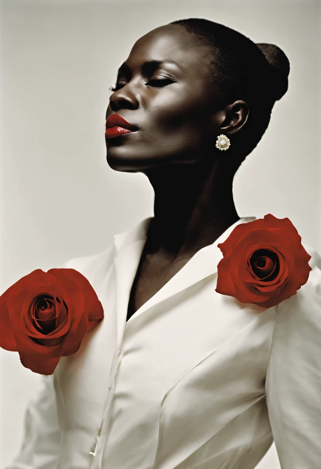 This is followed by a close-up of British male singer Seal Henry Samuel, Wearing a white shirt and suit from the neck up, A woman's silhouette with red lipstick and red roses floats on the screen,
Photography by Irving Penn, close-up, Elasticity, pain, fatigue, nude minimalism, black and white, glory, Elasticity, Award-winning photography,