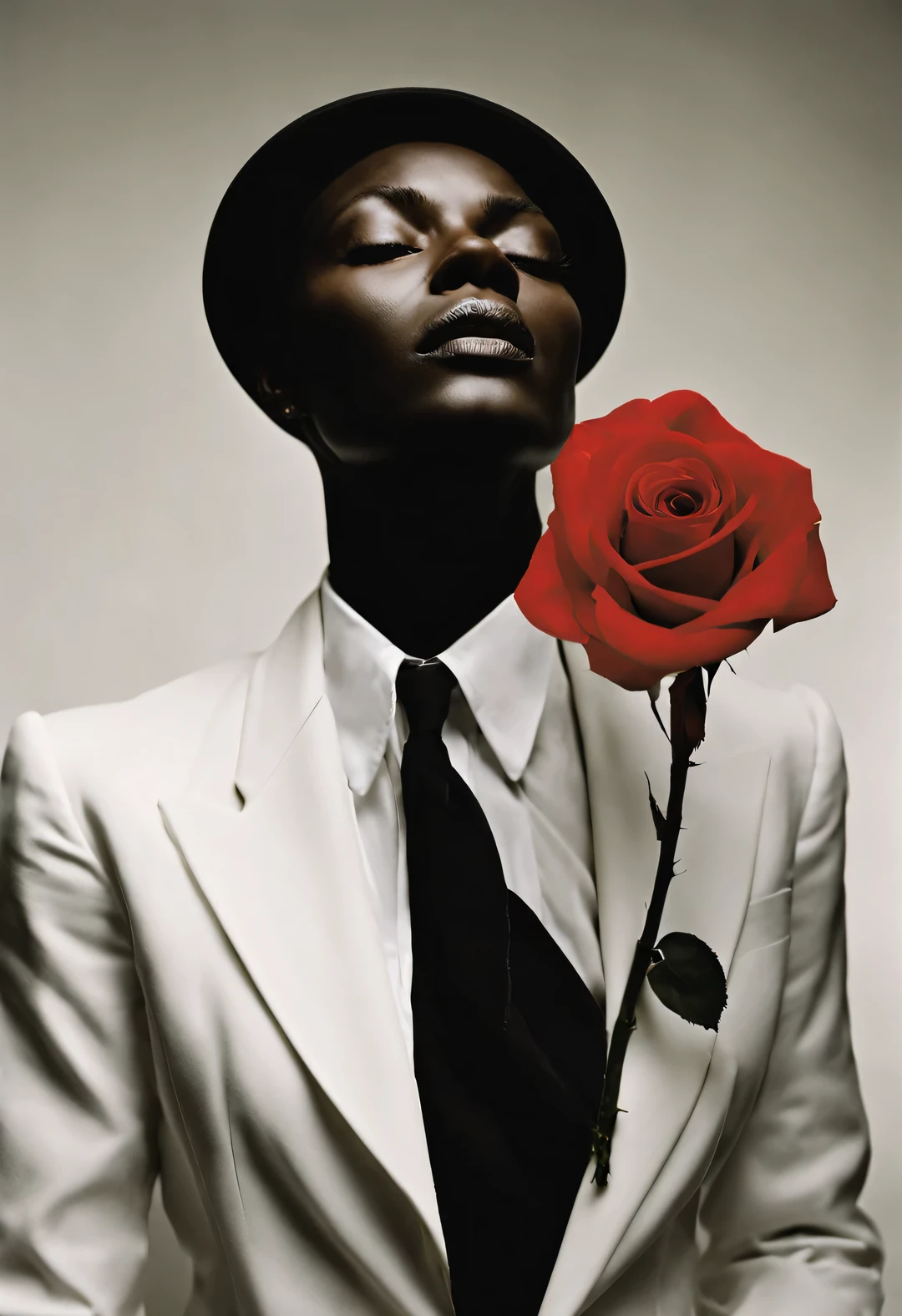 This is followed by a close-up of British male singer Seal Henry Samuel, Wearing a white shirt and suit from the neck up, A woman's silhouette with red lipstick and red roses floats on the screen,
Photography by Irving Penn, close-up, Elasticity, pain, fatigue, nude minimalism, black and white, glory, Elasticity, Award-winning photography,