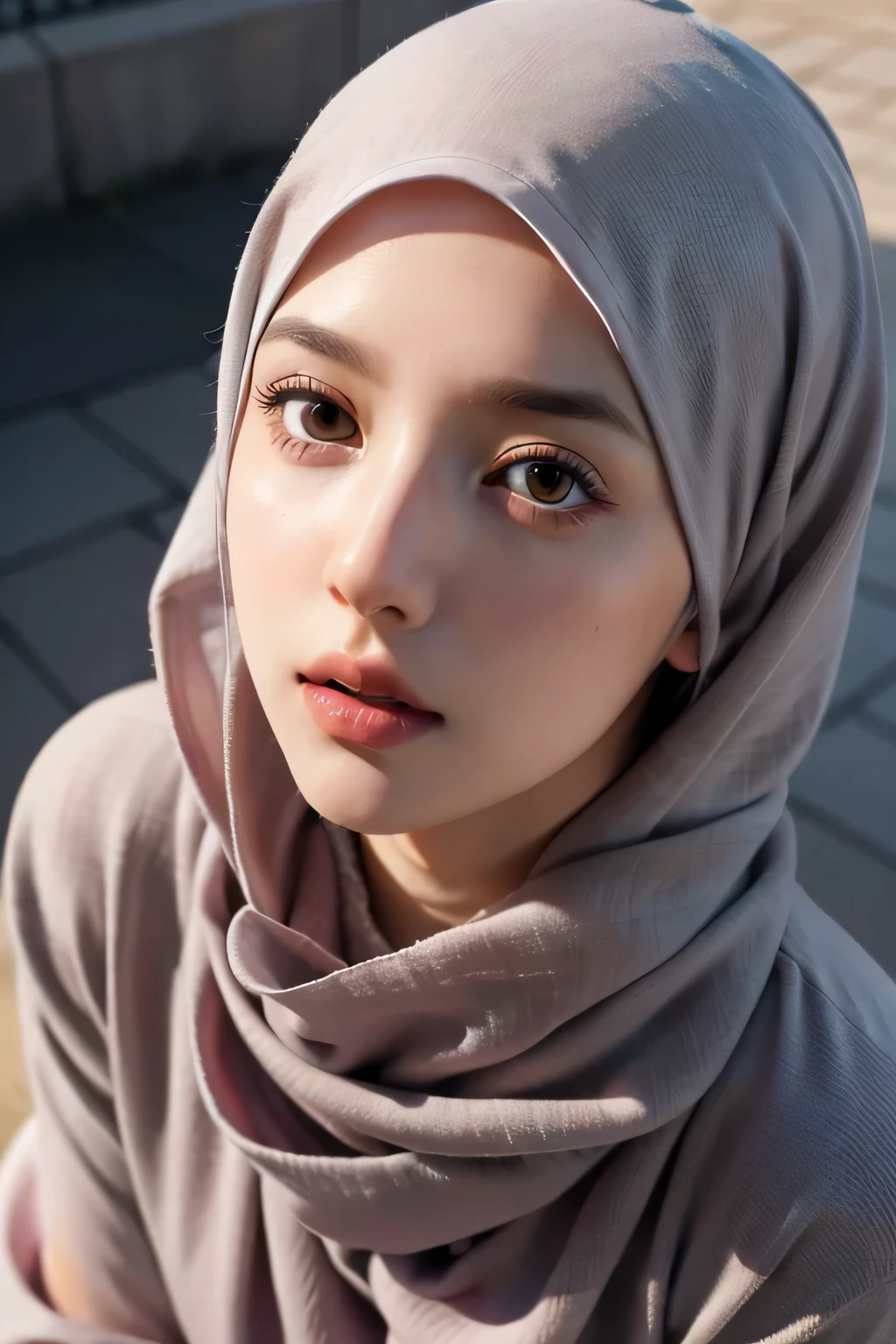 Realistic photo,wearing dress and long hijab grey colours, look from above, hyperrealistic, masterpiece, sweet ekspresion, melancholy , closeup photo, bright eyes, sexy lips, detailed makeup, detailed eyes cornea, wearing hijab no hair looks, blush pink cheek, outdoor background