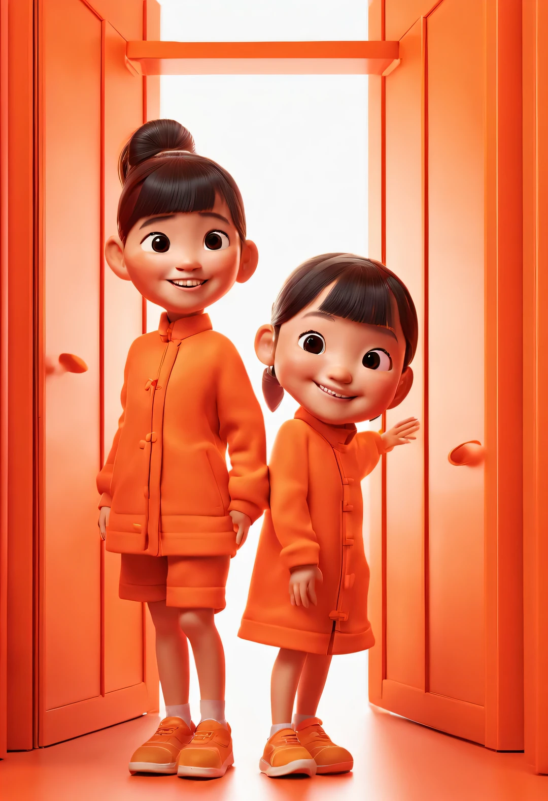 pixar animation, Cute Chinese girl hiding behind orange door, Only head exposed, Hide actions, bright smile, glare, Ultra-detailed details, simple clean red background, c4d, Symmetrical