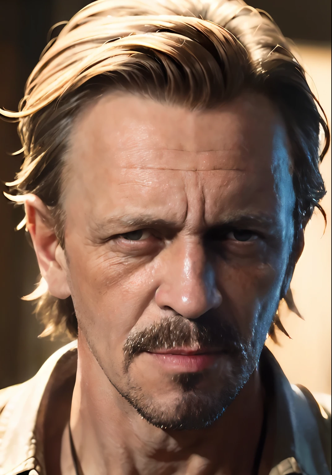 Dappled Light, (intricate:1.3), photo portrait of gary oldman as man nick fury, (skin texture) (film grain), (warm hue, warm tone:1.2), movie scene from conan the barbarian directed by michael bay, (semi realistic:1.3), (hyper realistic texture skin:1.3)