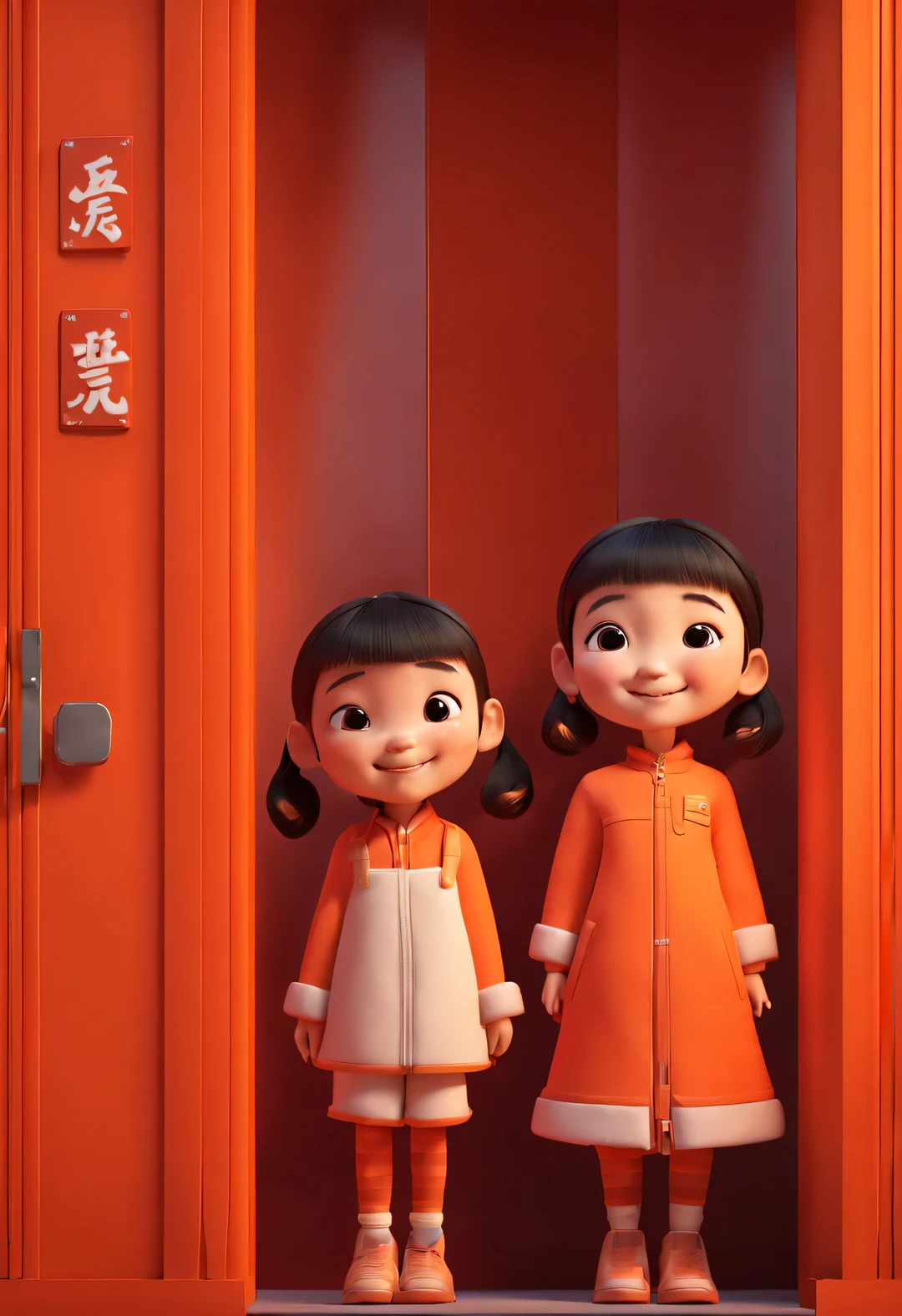 pixar animation, Cute Chinese girl hiding behind orange door, Only head exposed, Hide actions, bright smile, glare, Ultra-detailed details, simple clean red background, c4d, Symmetrical