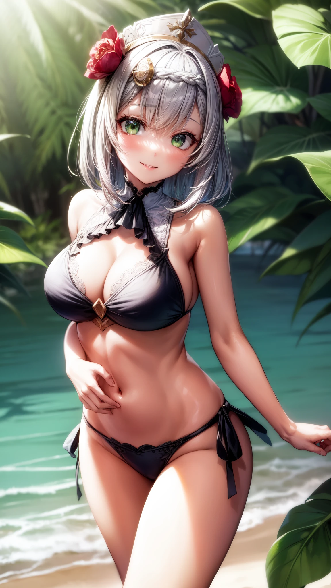 anime, beautiful face, highly detailed face, (2 accurate legs:1), green detailed eyes, highly detailed beach background, perfect lighting, best lighting, (no shadows:1.2), 1girl, solo, outdoors, genshin impact, hair ornament, noelle, (beautiful sliver hair:1.2), absurdres, high res, ultrasharp, 8K, masterpiece, looking at viewer, very affectionate smile, BREAK (detailed sexy beach bikini:1.3), (all intricate lace:1.1), (elegant pose:1.2)