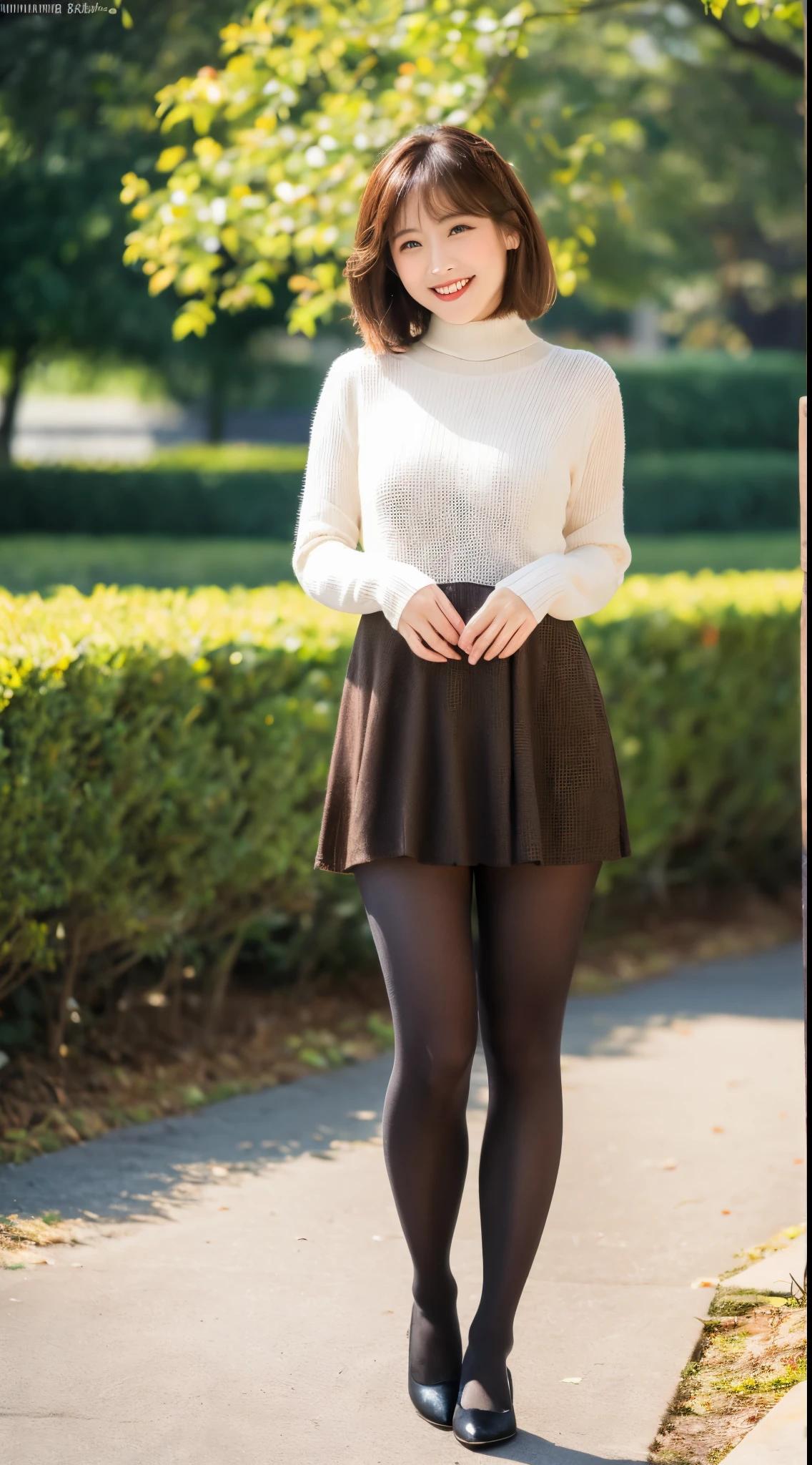 ulzzang-6500-v1.1, (RAW photo:1.2), (Photoreal), beautiful details, (genuine: 1.4), A naive 33 year old wife、((Wearing a high neck knit dress that clearly shows off your body line))、(super realistic pantyhose:1.3)、thighs thighs thighs、squatting in the park、Height: 156 cm, A little chubby body type、japanese model, short layered hair、laughter、smile、japanese girl, neat japanese woman, japanese goddess, innocence、huge file size, High resolution, very detailed, highest quality, [masterpiece:1.6], enlightenment, very detailed, nffsw, finely, highest quality, 8k wallpaper, movie lighting,  cute droopy eyes beautiful big eyes、((muste piece)), highest quality, 1 milf, eye shadow, portrait, (((full body shot:1.3)))、((とても愛情深いsmile:1.2))、((elegant brown hair:1.4)),((Short hairstyle:1.4)), 　shiny skin、exposed thighs!!!、