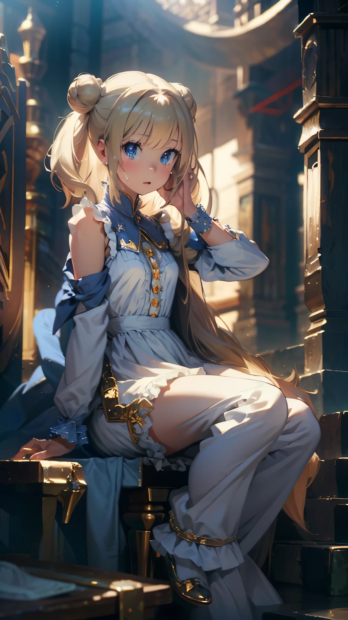 (cute illustration:1.2), high-resolution, ultra-detailed, best-quality, (best picture quality, 4K, high quality, masterpiece:1.2), ((masterpiece)), high detail, high quality, (medium bun hair), ((blond hair)), cute,  magical girl, (white and blue gorgeous magical dress with frills:1.2) sleeveless, detached sleeve, armpits, openchest, white thigh high pantyhose, armpits, squatting, spread legs, embarrassed, crying