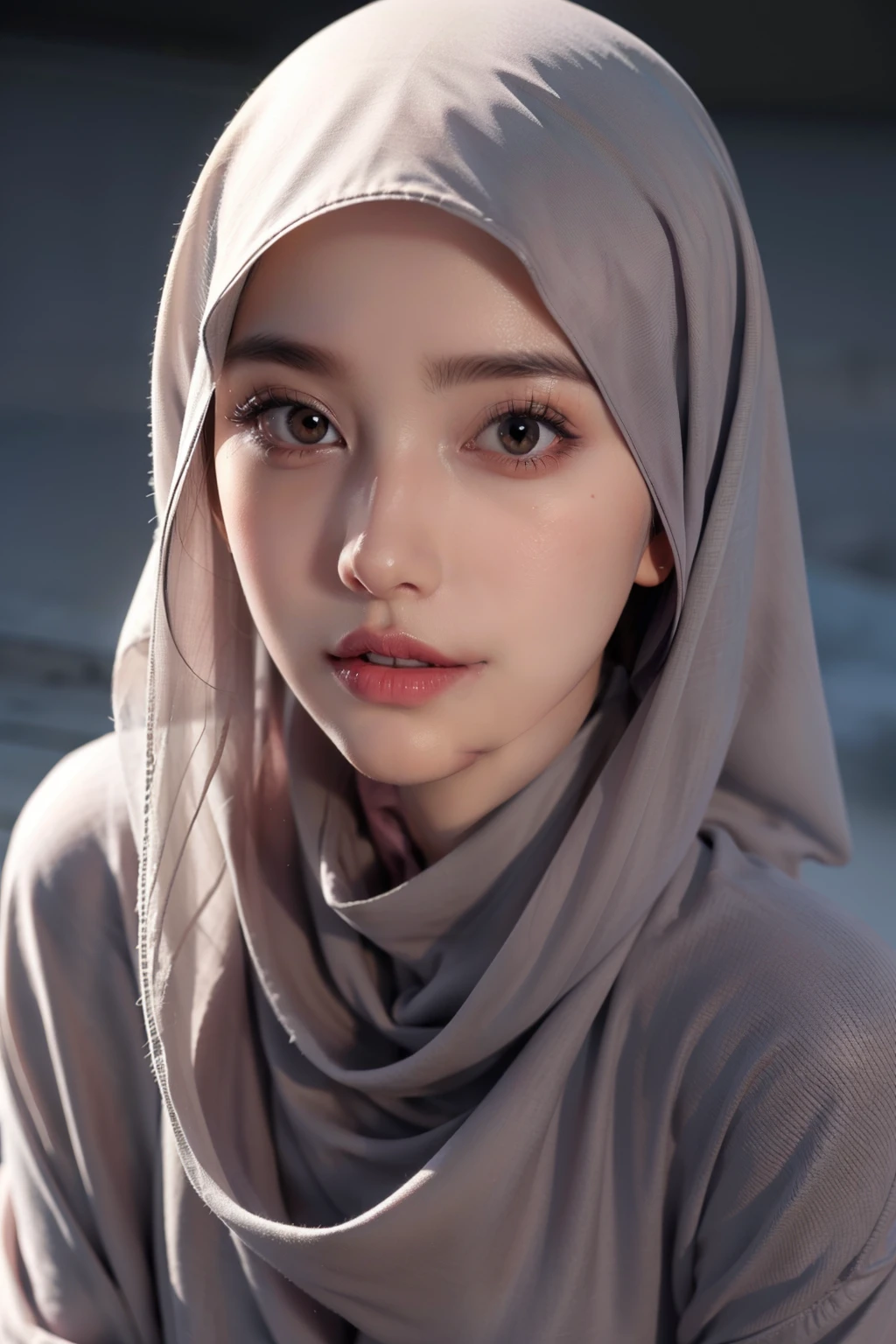 Realistic photo,wearing dress and long hijab grey colours, look from above, hyperrealistic, masterpiece, sweet ekspresion, melancholy , closeup photo, bright eyes, sexy lips, detailed makeup, detailed eyes cornea, wearing hijab no hair looks, blush pink cheek, outdoor background