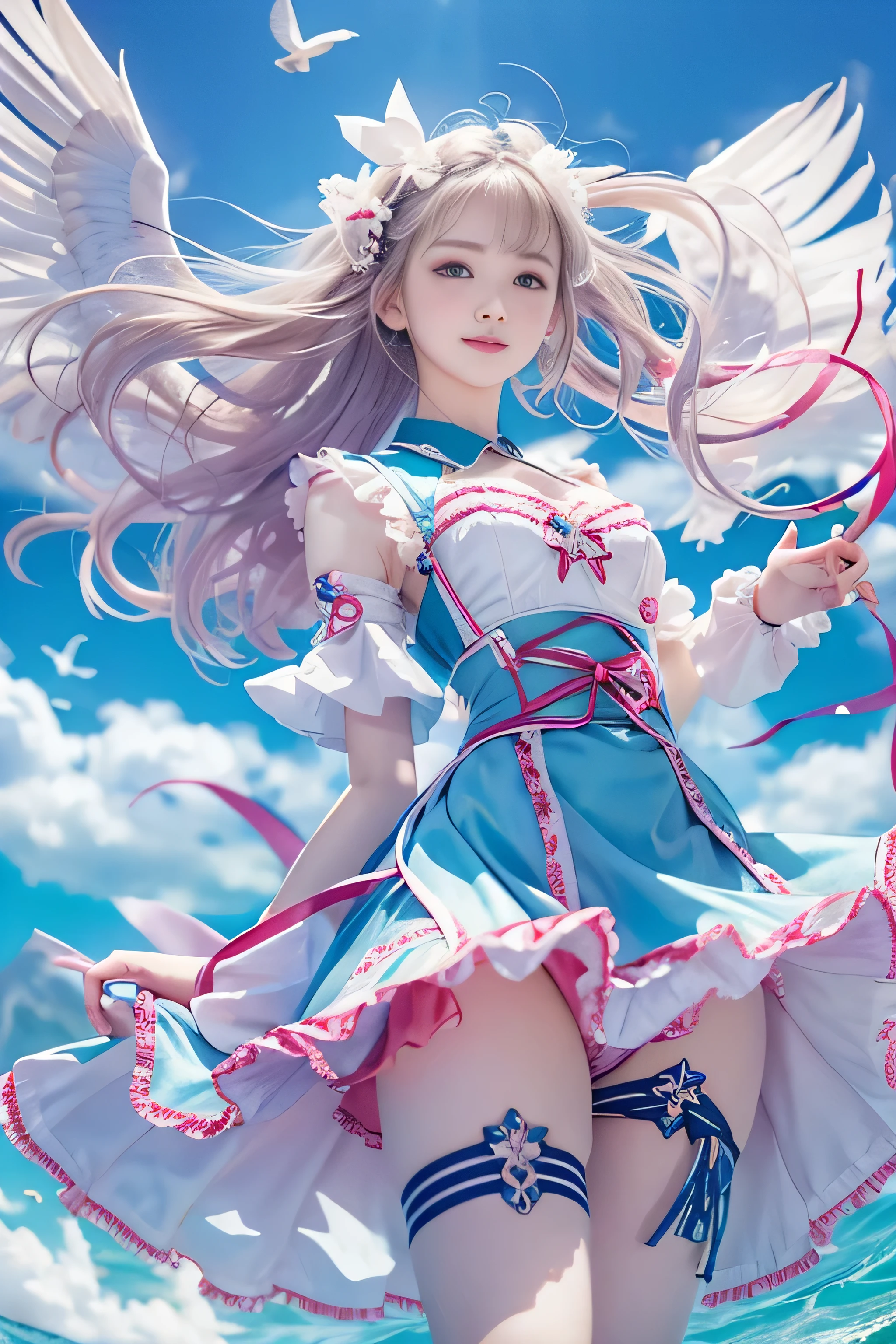 (RAW image quality:1.4), 1 girl, , Japanese, A woman wearing a blue and white lolita costuloating in the sky with magical power, Reflecting the strength of her determination,Because she embodies the power of the forces of nature in battle.official art, 8k wallpaper, Super detailed, beautiful and aesthetic, beautiful, masterpiece, highest quality,(Pay attention to the thighs),pretty face,naughty smile, eye details,small bust、delicate body shape、(Wind,outstanding pale straight hair,floating skirt),white panties, (wonderful bright blue sky:1.4), biologically correct, full body photo,