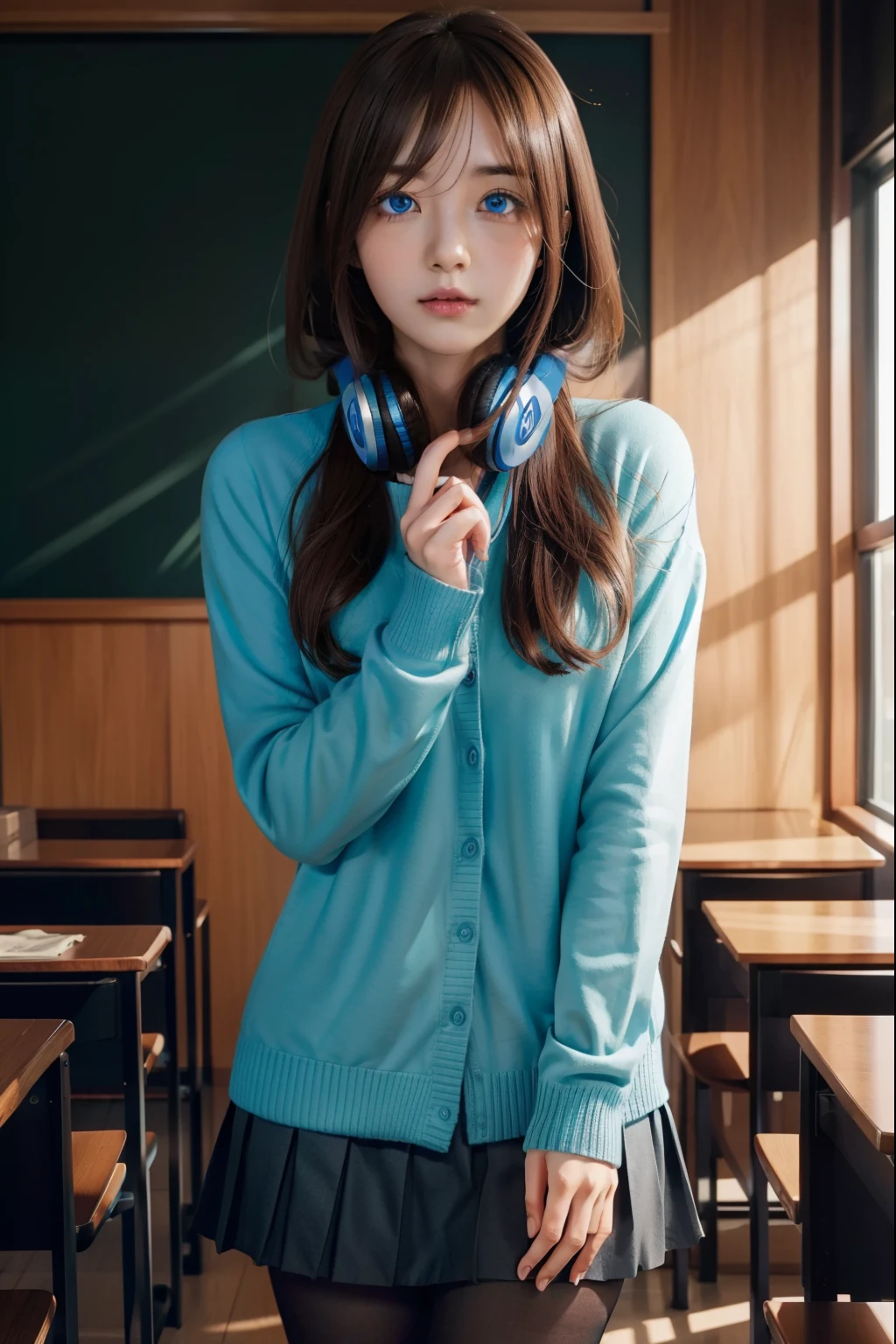 Mikunakano, Miku Nakano, long hair, bangs, blue eyes, brown hair, shirt, hair between eyes, headphones, cardigan, headphones around neck,
break skirt, shirt, long sleeve, white shirt, pantyhose, pleated skirt, black pantyhose, cardigan, green skirt, blue cardigan,
break indoors, classroom,
break looking at viewer, break (masterpiece:1.2), highest quality, High resolution, unity 8k wallpaper, (figure:0.8), (beautiful and fine eyes:1.6), highly detailed face, perfect lighting, Very detailed CG, (perfect hands, perfect anatomy),