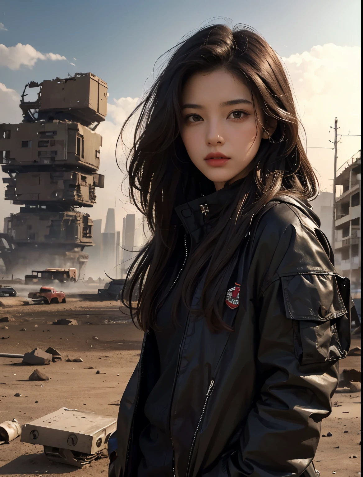 A beautiful woman. Twenty years old. dark brown hair. She is looking at the camera with a serious expression. She stands in a ruined Martian city.