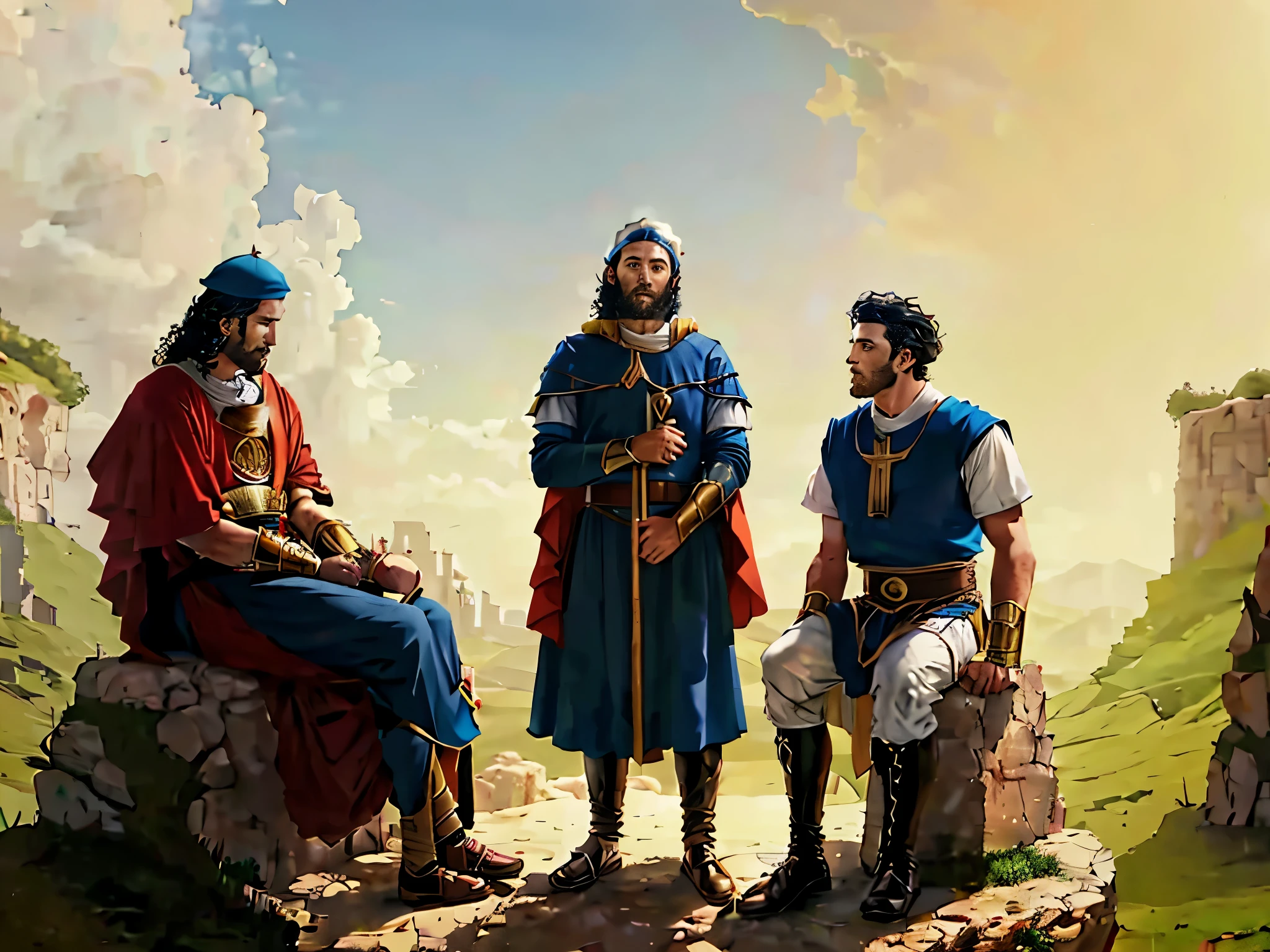 um grupo de homens rezando. Two men are sitting. Four men are standing. Um grupo de judeus. biblical costumes. biblical style.  biblical setting.