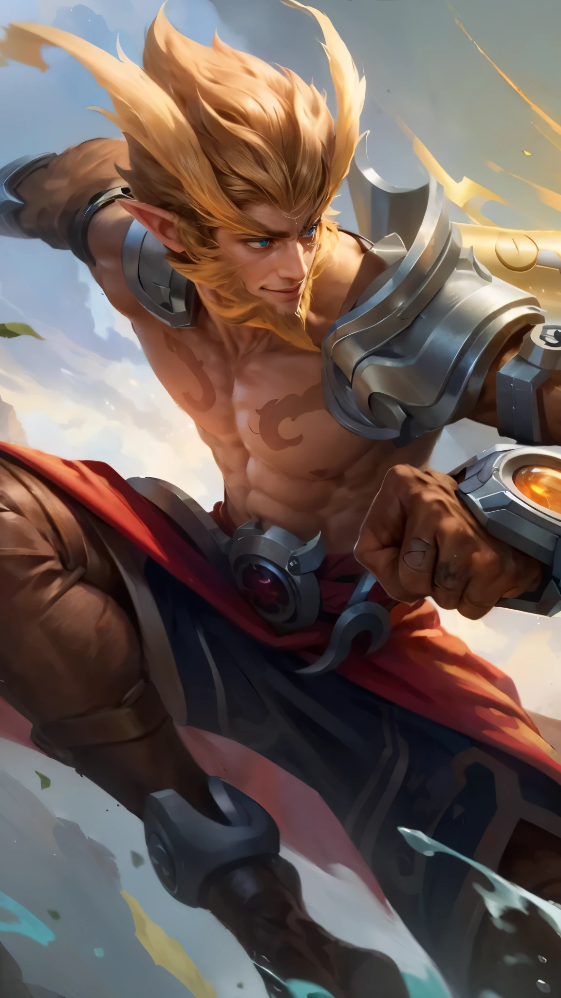 (Intricate Details, Masterpiece, Best Quality, High Resolution, 8k), (1man), (male:1.2), mature, dandy face, finely detailed eyes and face, toned body, masculine appeal, commanding presence, hot stud, bulging biceps and triceps, well-developed quadriceps and hamstrings, light skin, burgundy straight layered bangs hair, aquamarine eyes,  ornate details,  portrait, solo, half shot, looking down, detailed background, detailed face, (cogpunkai, cogpunk theme:1.1),  tech-mage,   [magic|technology], melding of spellcraft and advanced technology,  intricate [spellcasting clothes|mechanical gear], gear shaped glyphs,  ancient crystals,  [gears|ancient spell],  floating particles,  [innovative|enchanting] aura, high tech vehicle in background,   , finely detailed background, Depth of Field, VFX, masculine male, masterpiece, ((perfect eyes)) best quality, (semirealism:1.9), beautiful lighting, (extremely detailed CG unity 4k fhd wallpaper), High Detail, Sharp focus, dramatic outdoors, 1 boy ,19 years old, brown short hair, blue eyes, smile, elf ear.