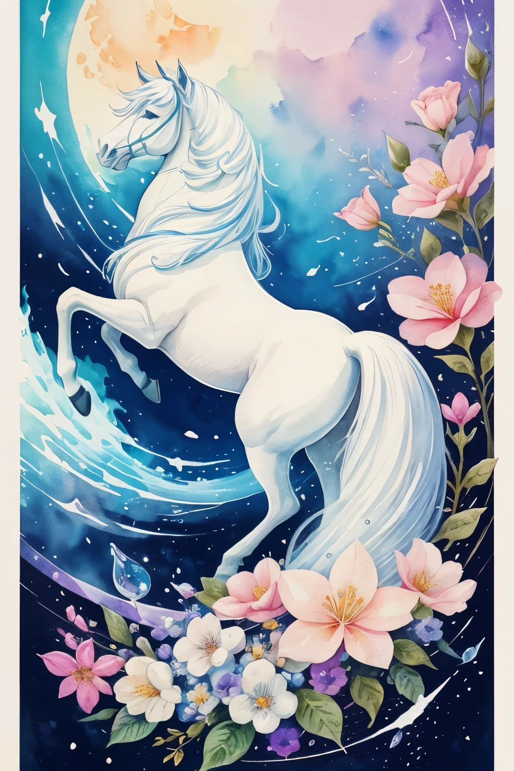 ((animal,watercolor painting,Hakuba,white horse)),colorful flower art,front view, action shot, Bright colors, high detail, logo design, Neo-Traditional Tattoo Styles, 2D, planar vector, Character Design, fantasy art, watercolor paintingのテクニック,watercolor effect, Watercolor abstract, glitter effect,colorful, Gentle water droplets floating on the petals,The moon is shining,star, like a tarot card,shine,digital painting, pop,fancy, sticker