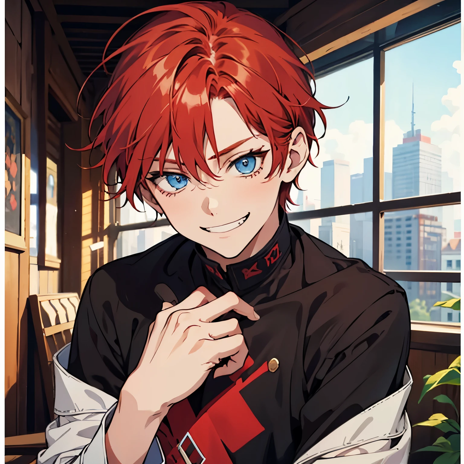 11 year old red hair boy with blue eyes and a mischievous grin.
