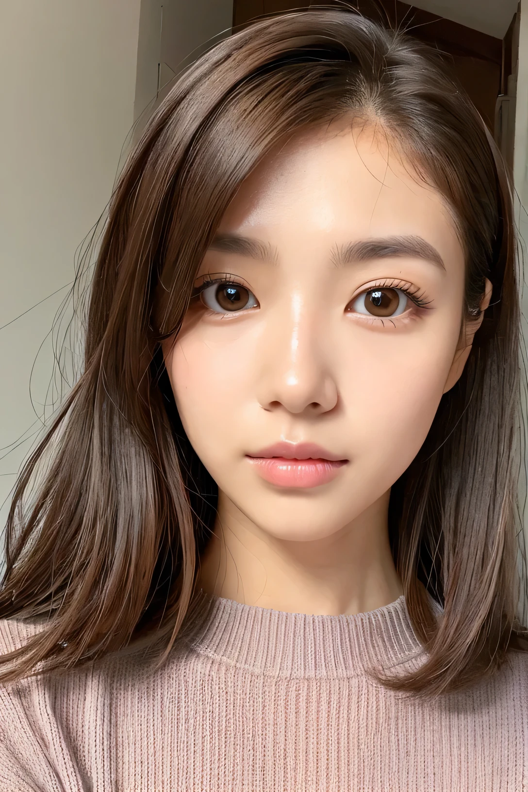 woman, super detailed face, droopy eyes, double eyelid, short hair、No bangs、clear eyes、knit sweater、Glossy skin, small head、whole body
