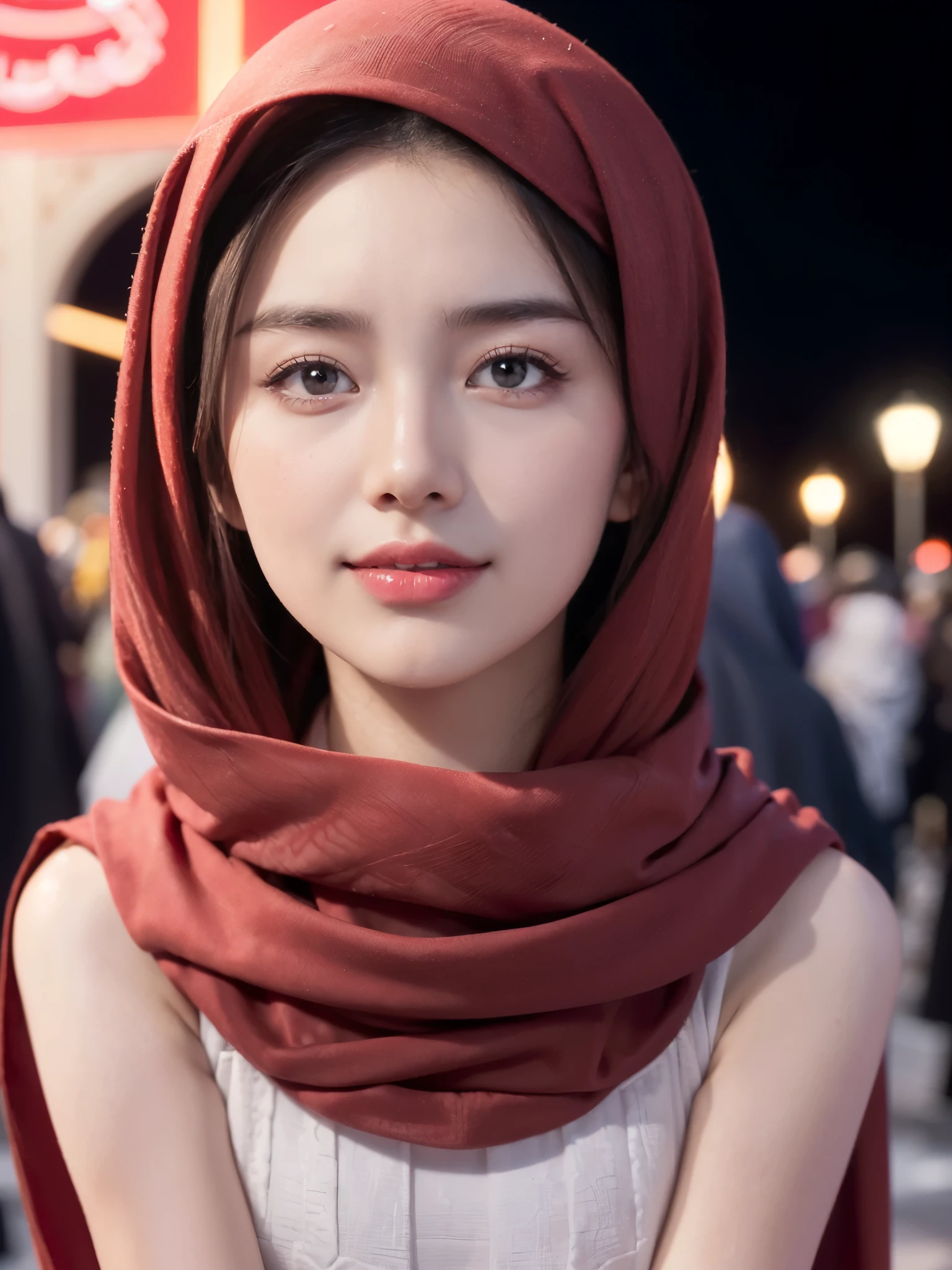 ((((8k))),((Extremely meticulous CG)) ,(wallpaper),16k,((Extremely refined and beautiful)),(((Masterpiece))),(((best qualtiy))),(((Ultra High Resolution))),beautiful light up,Perfect lightning,realistic shaded,Rembrandt lighting,(bright light:1.3),(neon lights:1.2),cinematic atomosphere,(Smooth and flawless fair skin:1.5),(pale skin:1.3),Extremely exquisite facial details,(perfect body:1.1),ultra-detailed,(A beautiful Uyghur girl:1.2),solo,(small head:1.2),(red headscarf:1.2),(small face:1.2),Exquisite makeup,(small breasts:1.2),(flat chests:1.2),(slim,thin),(happy:1.2),(smile:1.2),(maxi gorgeous Exquisitely embroidered Red abaya:1.5),outdoor,(night scene:1.5),(Standing:1.3),(arms behind back:1.3),(In front of the majestic Mosque:1.5),(On the square:1.2),(In Kashgar:1.2),(detailed background:1.5),(close-up of face:1.3),(from front:1.3),(Surrounded by crowded crowds:1.5),(winter:1.2)