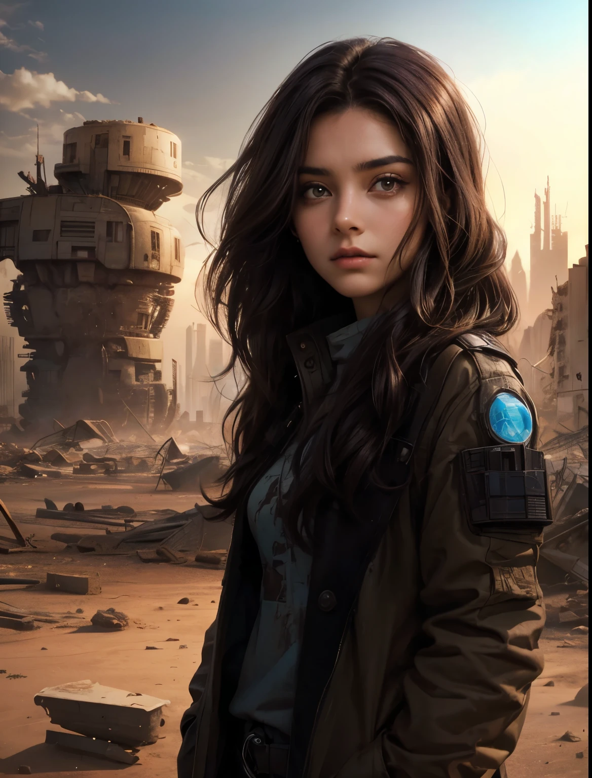 A beautiful woman. Twenty years old. dark brown hair. She is looking at the camera with a serious expression. She stands in a ruined Martian city.