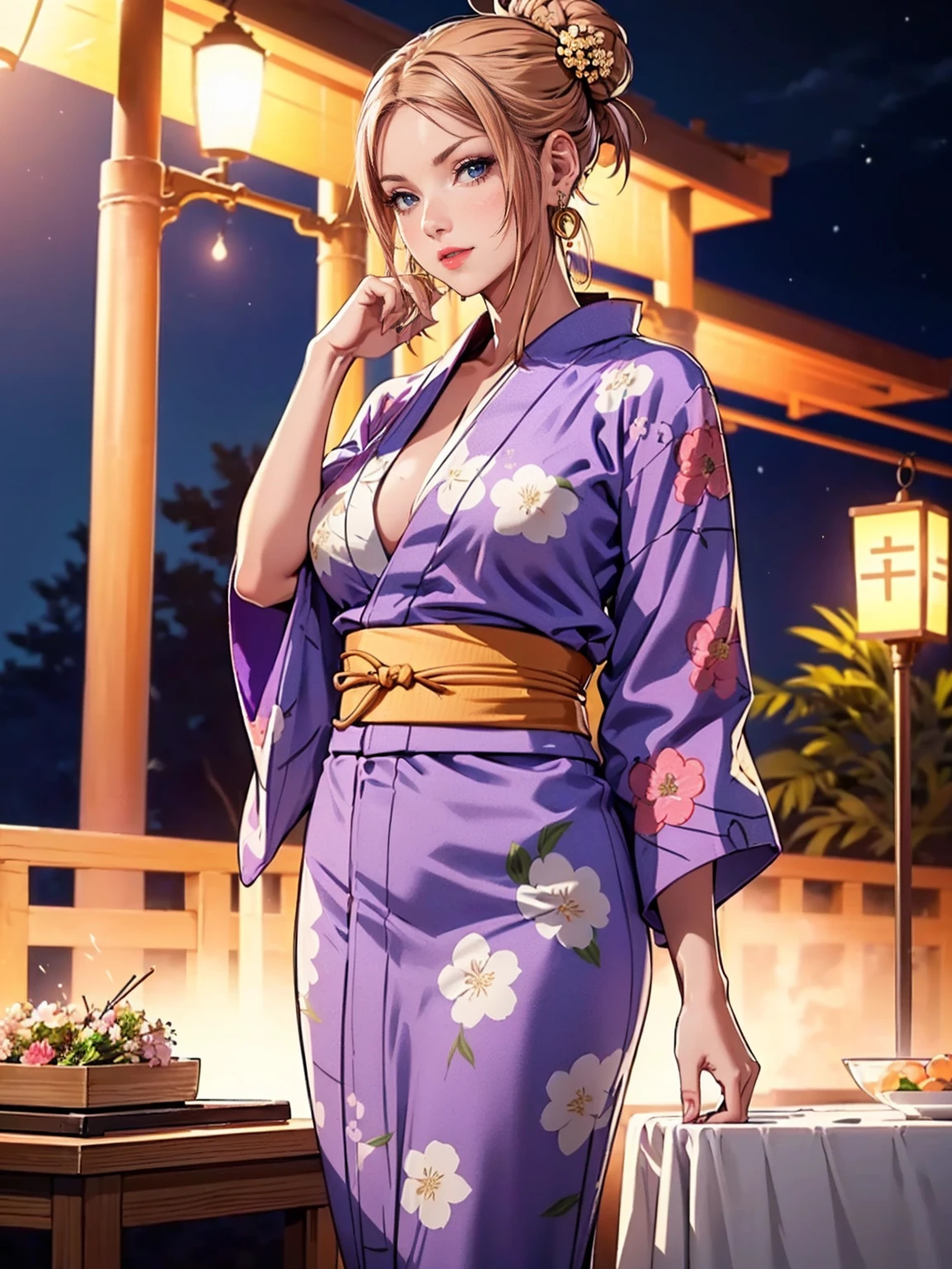 (((austere), (model, muse, goddess, stunning, seductive), ((sexy yukata, floral yukata Violet, Violet yukata, print floral)), hair ornament, summer festival, fireworks, night, temple, parading, stunning, seductive, muse, goddess, model, sensual)), (1girl, solo, Reina Morimoto, morimoto_reina, (blue eyes, hair bun, high bun of hair), lipstick, gold earrings)), ((muscular, fitness)), mole on the face, sensual pose, Beautiful