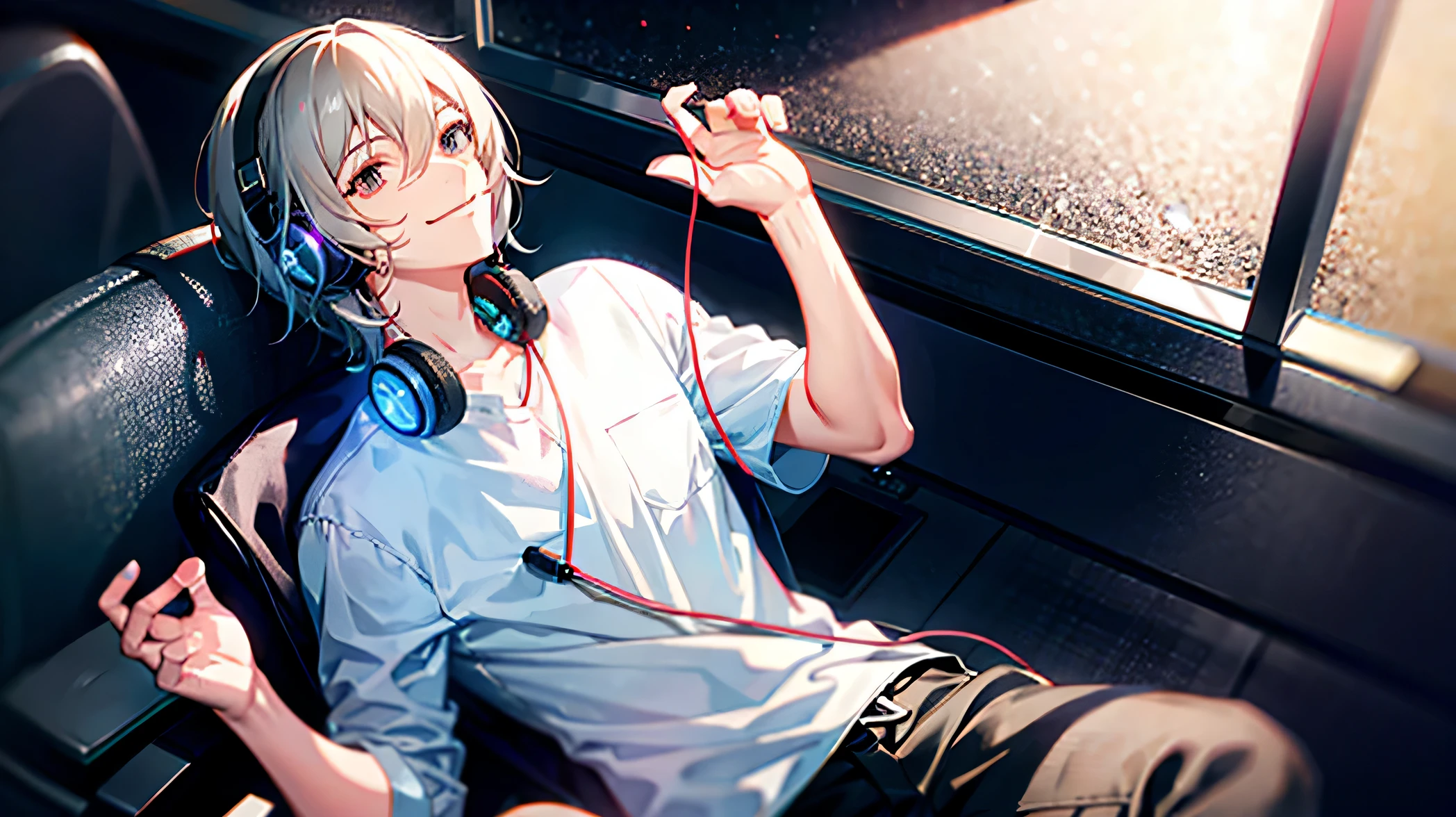 male, casual dress, smile, nervous, Listening to music through headphones