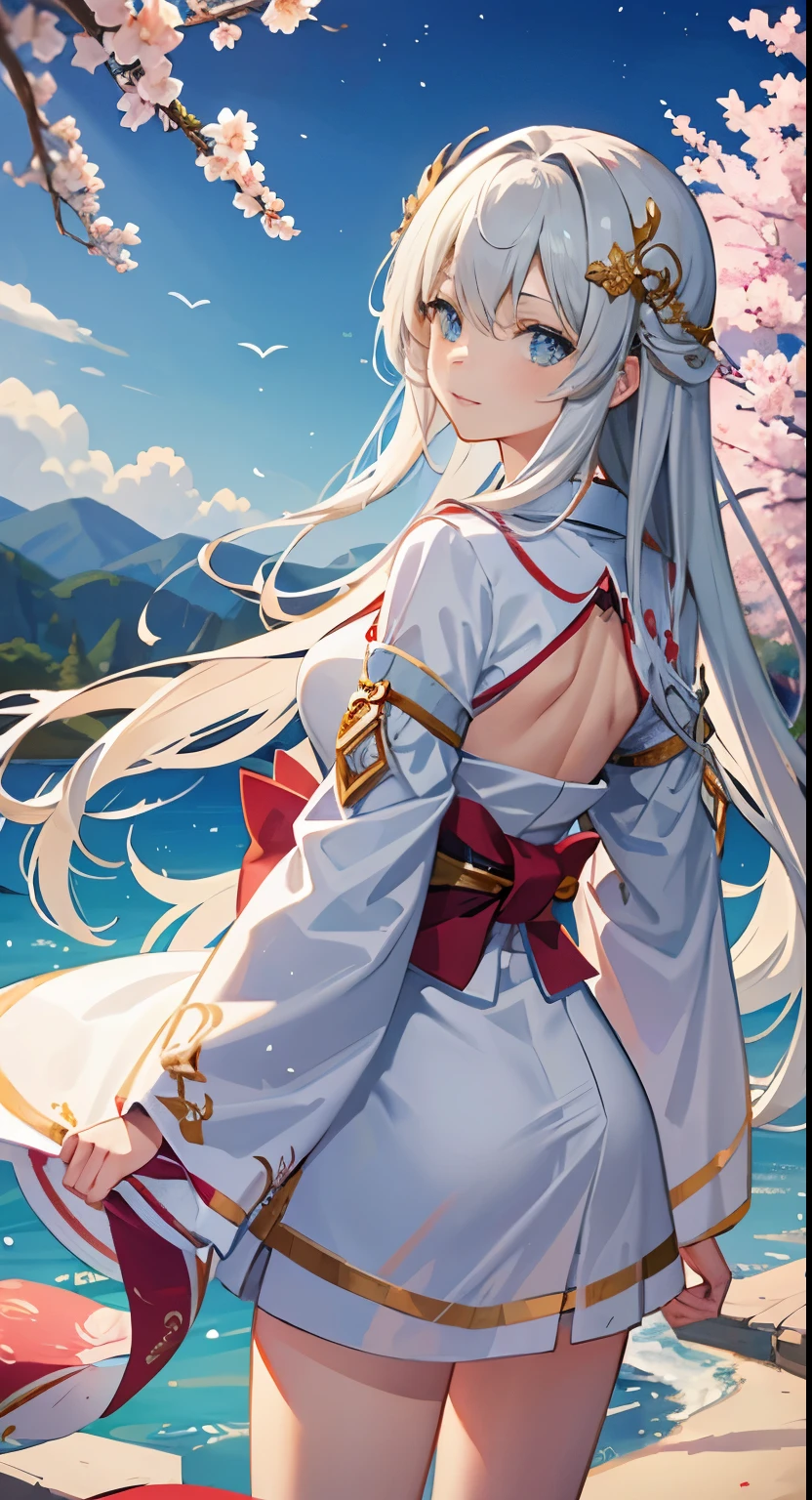 Asuna, masterpiece, highest quality, be familiar with, (1 girl), alone, be familiar with golden eyes, long hair, Are standing, close to the viewer, (be familiar with kimono), light smile, medium breasts, (turn your arms behind your back), water, sunset, (hair ornaments), (Cherry Blossom), Snow mountain lake in the background