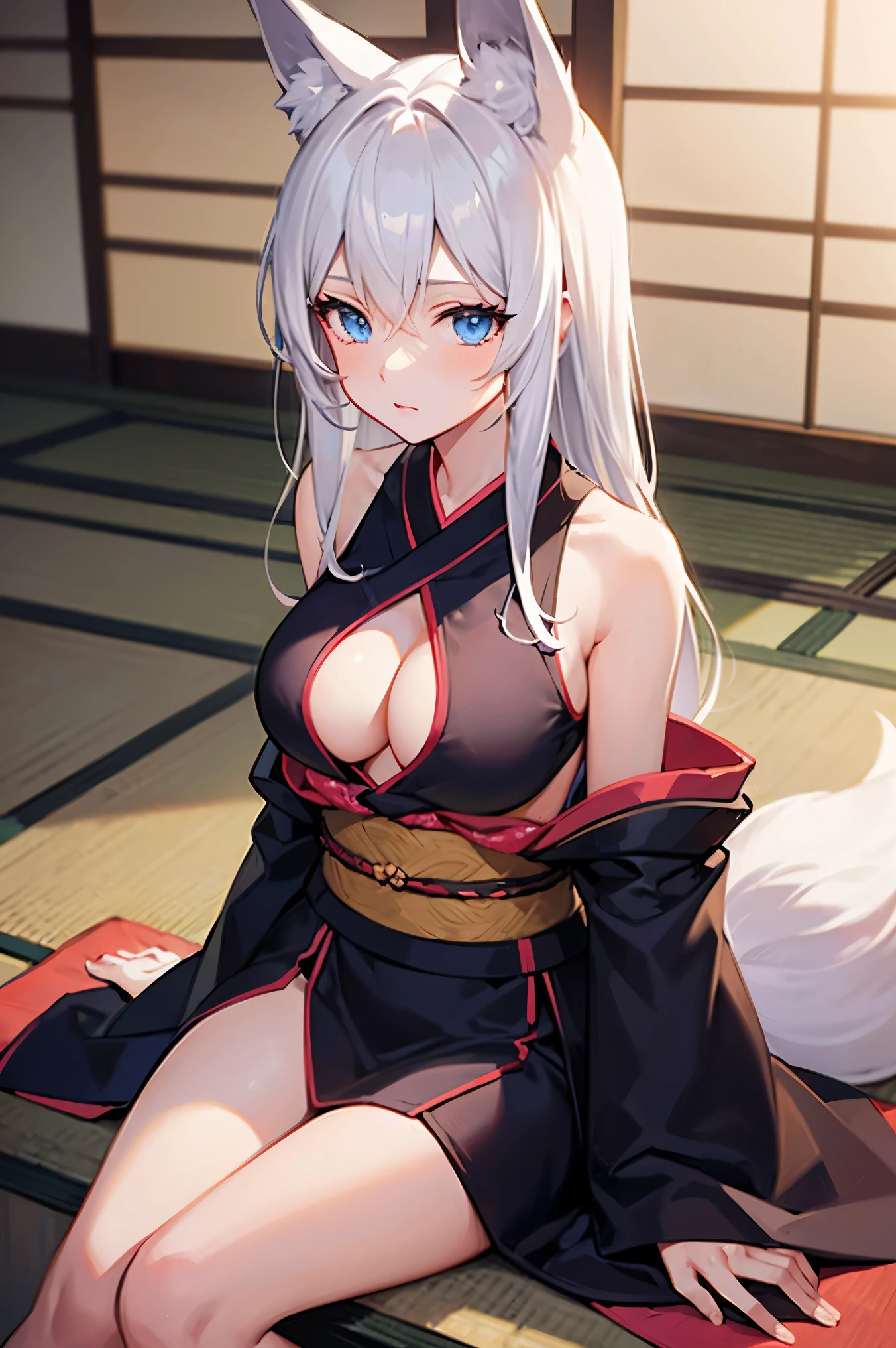a girl,slim body,sitting on the tatami,white hair,long hair,fox ears,blue eyes,black kimono,obi,underboob cutout,shoulder cutout,