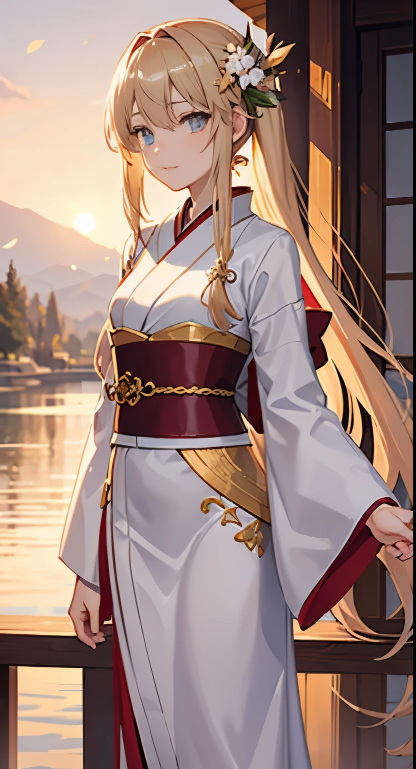 Asuna, masterpiece, highest quality, be familiar with, (1 girl), alone, be familiar with golden eyes, long hair, Are standing, close to the viewer, (be familiar with kimono), light smile, medium breasts, (turn your arms behind your back), water, sunset, (hair ornaments), (Cherry Blossom), Snow mountain lake in the background