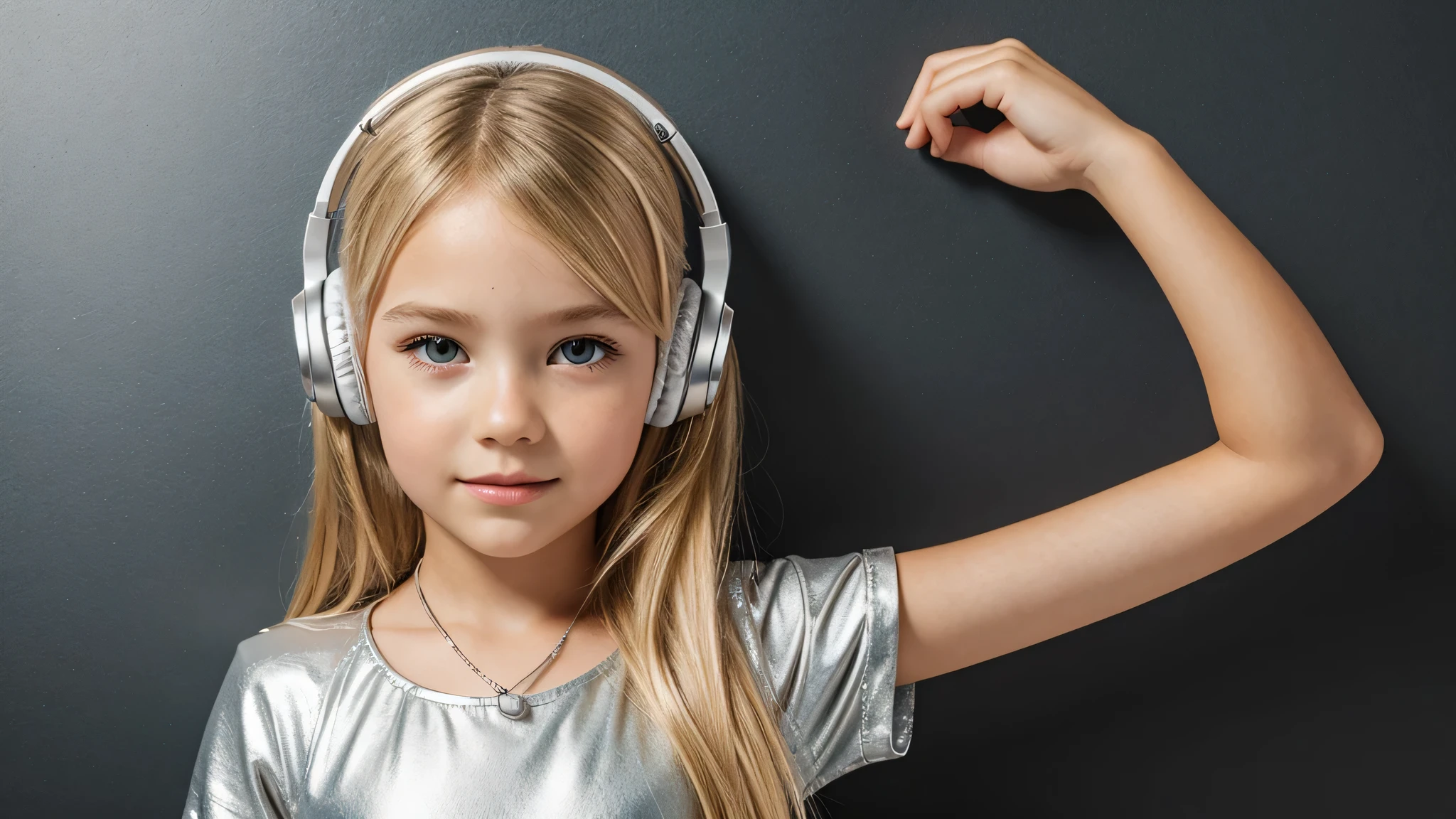 girl blonde kids hEADPHONE, humanoid background icon, silver dress.
