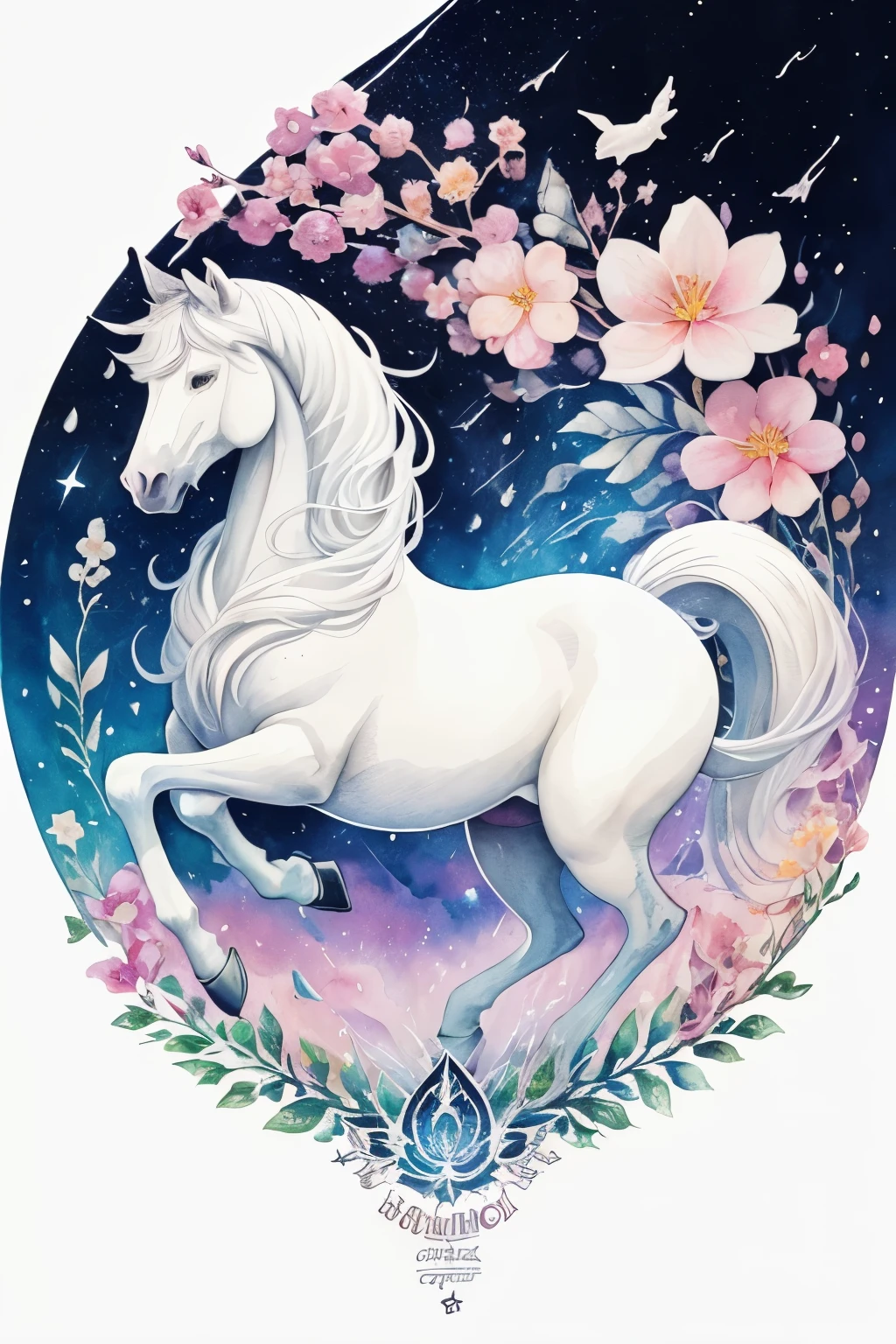 ((animal,watercolor painting,Hakuba,white horse)),colorful flower art,front view, action shot, Bright colors, high detail, logo design, Neo-Traditional Tattoo Styles, 2D, planar vector, Character Design, fantasy art, watercolor paintingのテクニック,watercolor effect, Watercolor abstract, glitter effect,colorful, Gentle water droplets floating on the petals,star, like a tarot card,shine,digital painting, pop,fancy, sticker
