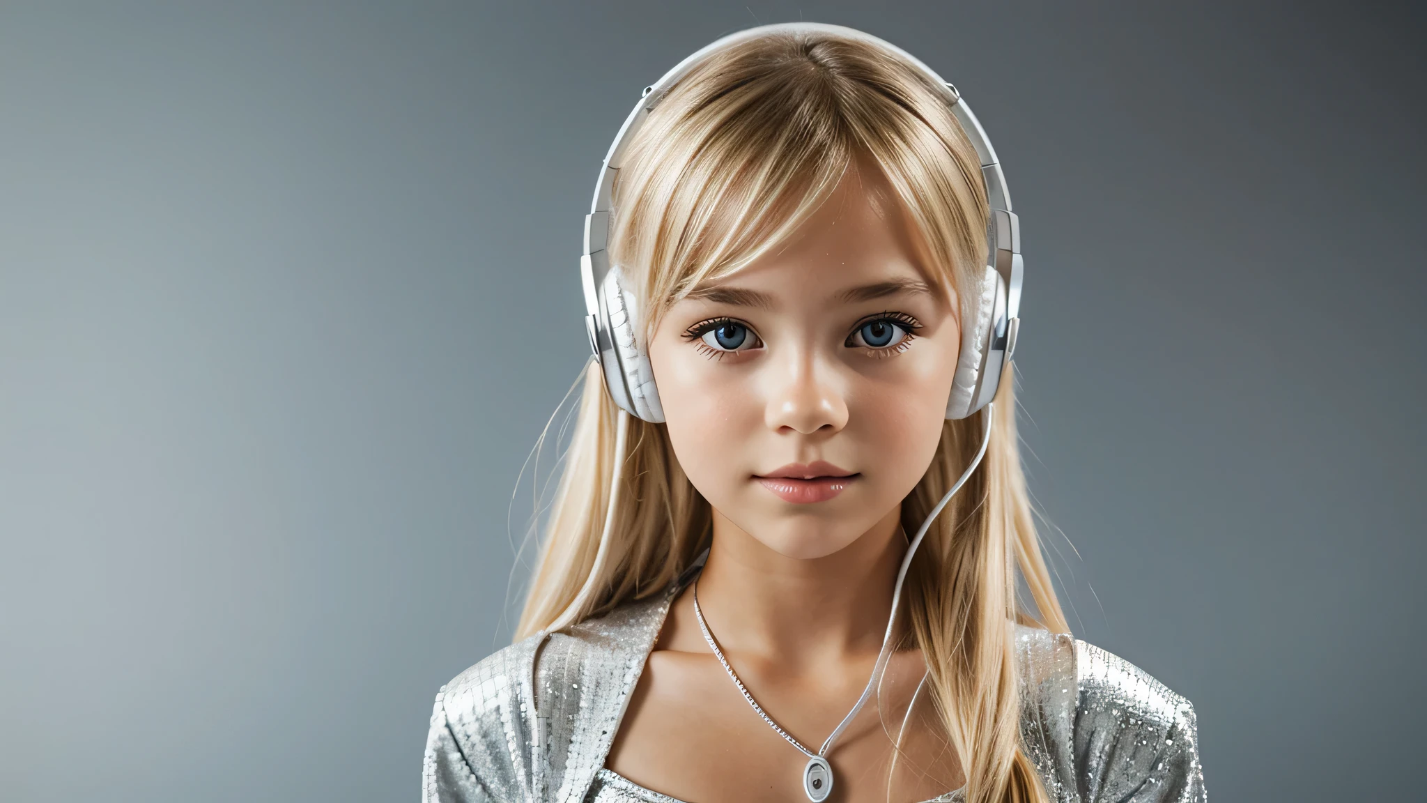 girl blonde kids hEADPHONE, humanoid background icon, silver dress.