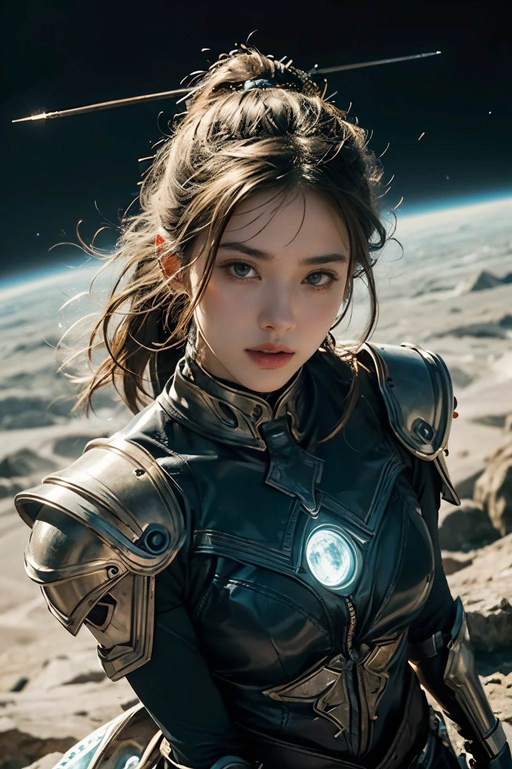 (best quality), ((ultra realistic)), ((detailed face)), (masterpiece), (perfect angel dagger), ((high-angle)), angel of doom flying over the blue-green earth, very big majestic wings, angel holding glowing a magical warrior dagger, harsh descent towards the planet from outer space, glow with power, gleaming armor glinting in the starlight, planet swirling with blues and greens under a hazy atmosphere, powerful, perspective , epic dark fantasy artwork, dynamic motion, 32k UHD, hyper-realistic, glowing, precisionist lines, cinematic, ultra details 