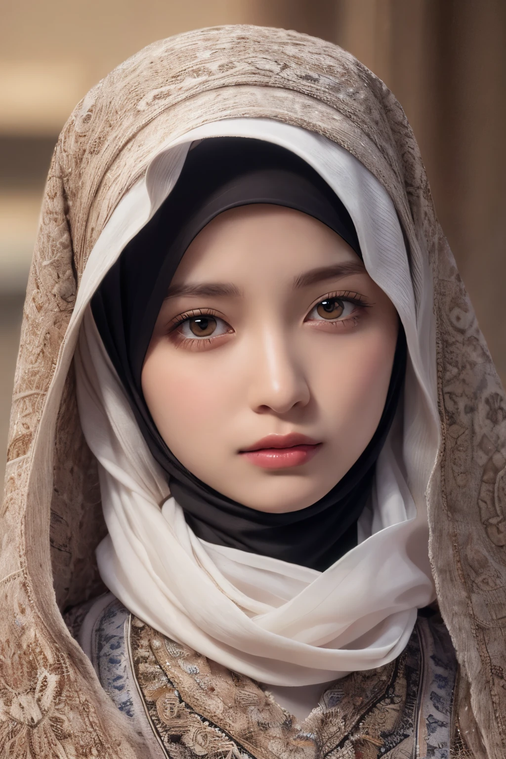 masutepiece, Best Quality, Illustration, Ultra-detailed, finely detail, hight resolution, 8K Wallpaper, Perfect dynamic composition, Beautiful detailed eyes, Natural Lip, Wear hijab moslem, fancy jubba thobbe, Random poses