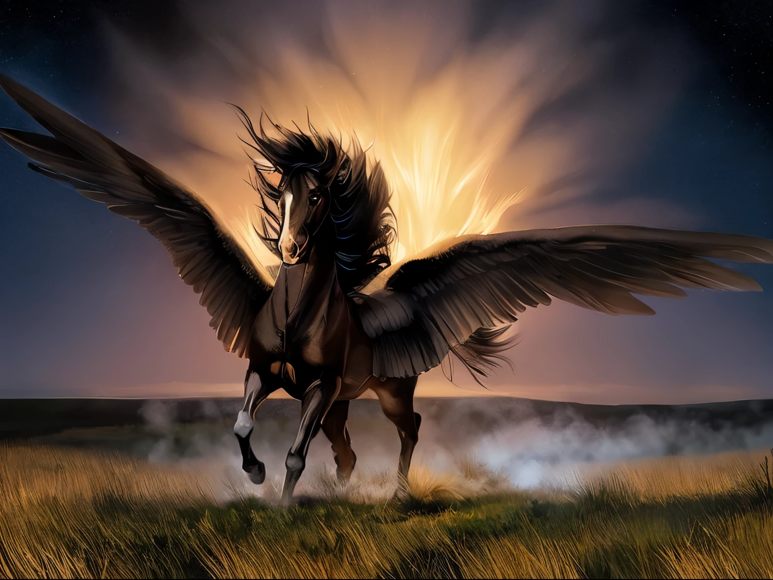 pintura de um cavalo preto com asas abertas em um campo, asas de penas escuras, com cascos e asas, Asas negras instead of arms, mytical creature, Asas negras, has Asas negras, com asas grandes, Ancalagon, o Negro, Pegasus, Sleipnir, mytical creatures, asas gigantescas, Fantasia dark art, Fantasia!!!