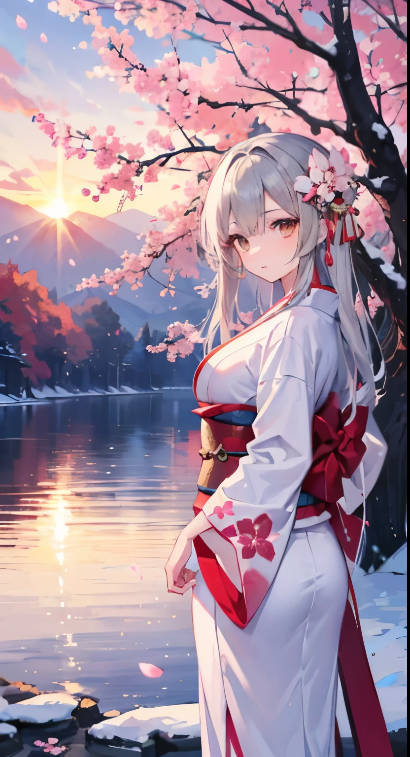 Asuna, masterpiece, highest quality, be familiar with, (1 girl), alone, be familiar with golden eyes, long hair, Are standing, close to the viewer, (be familiar with kimono), light smile, medium breasts, (turn your arms behind your back), water, sunset, (hair ornaments), (Cherry Blossom), Snow mountain lake in the background