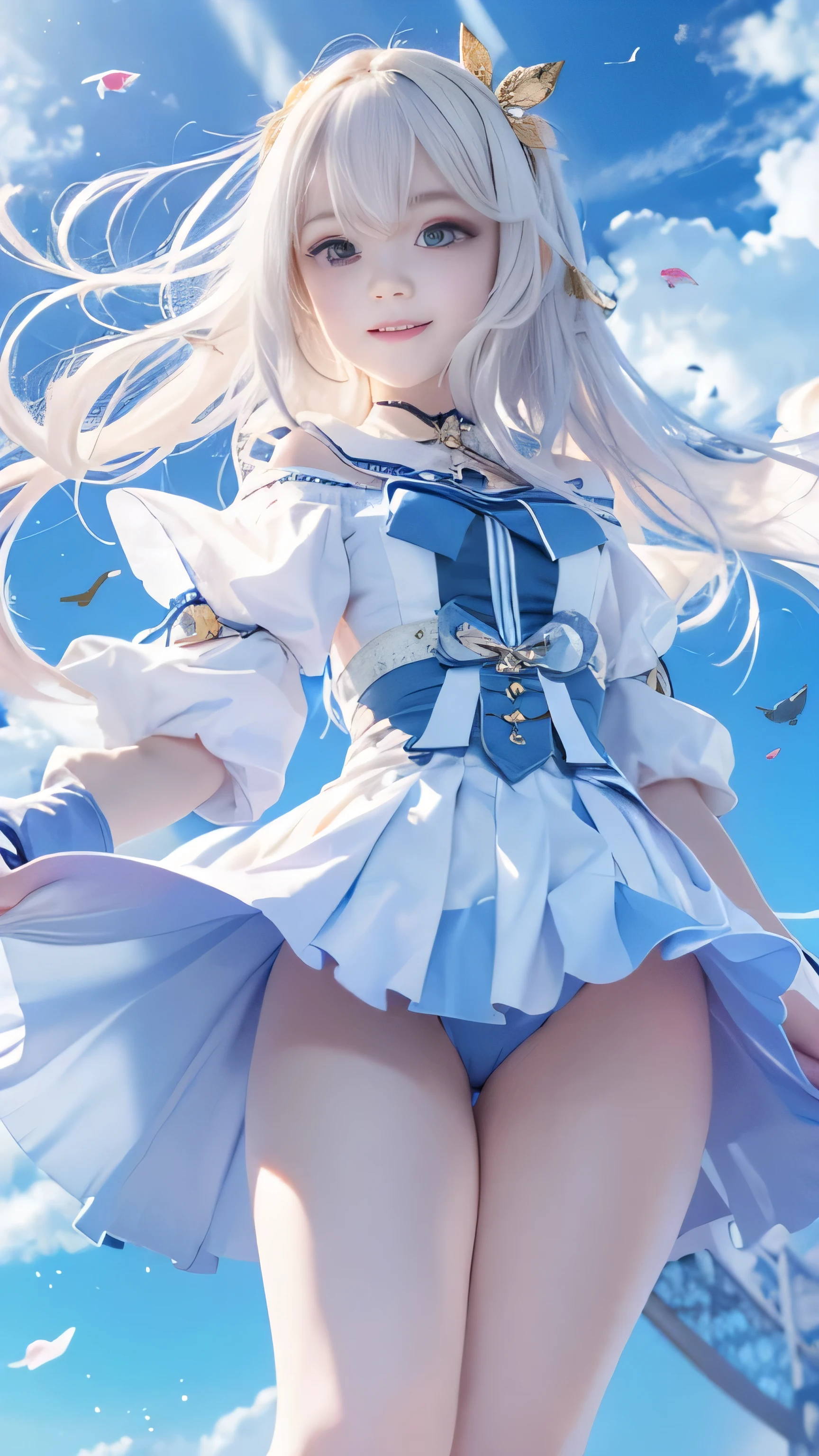 (RAW image quality:1.4), 1 girl, , Japanese, A woman wearing a blue and white lolita costuloating in the sky with magical power, Reflecting the strength of her determination,Because she embodies the power of the forces of nature in battle.official art, 8k wallpaper, Super detailed, beautiful and aesthetic, beautiful, masterpiece, highest quality,(Pay attention to the thighs),pretty face,naughty smile, eye details,small bust、delicate body shape、(Wind,outstanding pale straight hair,floating skirt),white panties, (he has a long anime magic wand.)、(wonderful bright blue sky:1.4), biologically correct, A photo that shows the whole body,